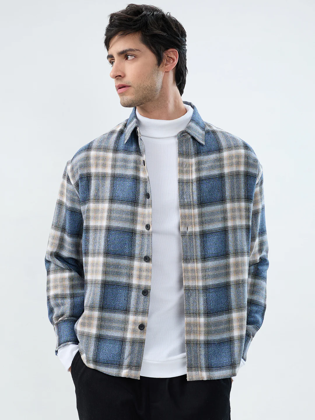 Aegean Blue Checkered Boxy Fit Crop Shirt - Image 4