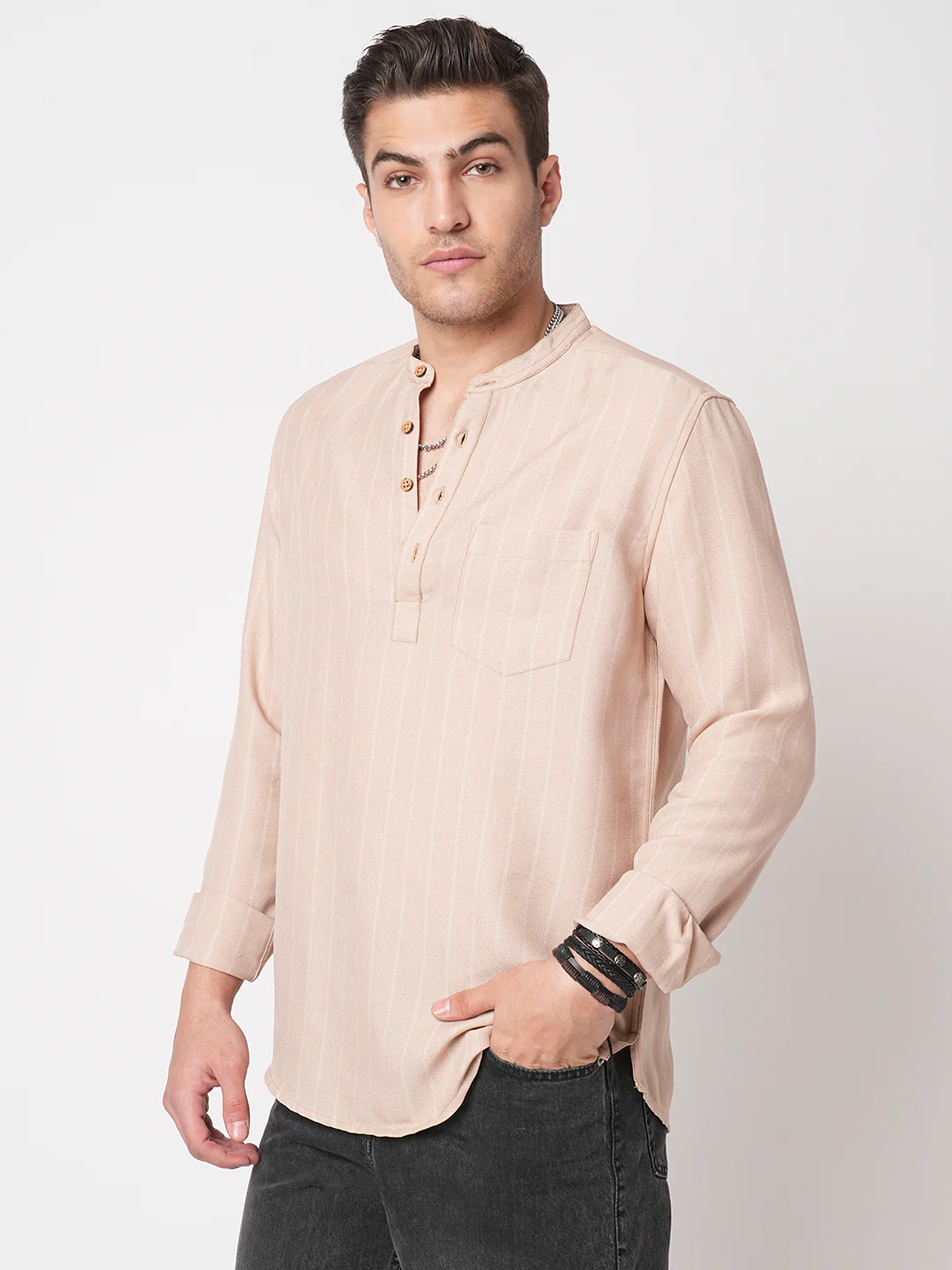 Almond Beige Chalk Stripe Kurta - Image 6