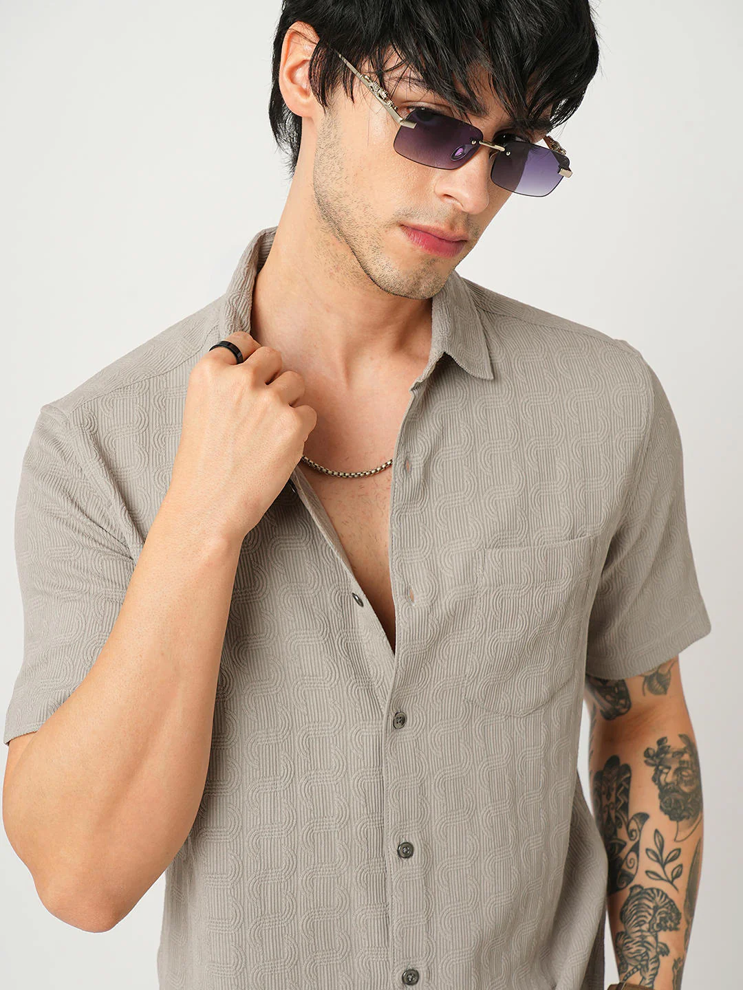 Arched Hazelnut Beige Textured Shirt