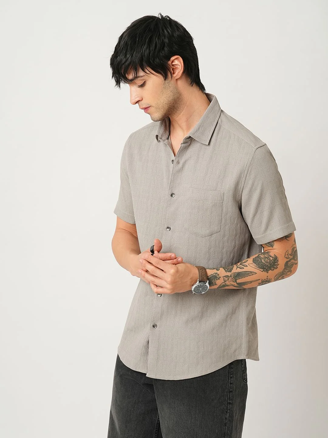 Arched Hazelnut Beige Textured Shirt - Image 6
