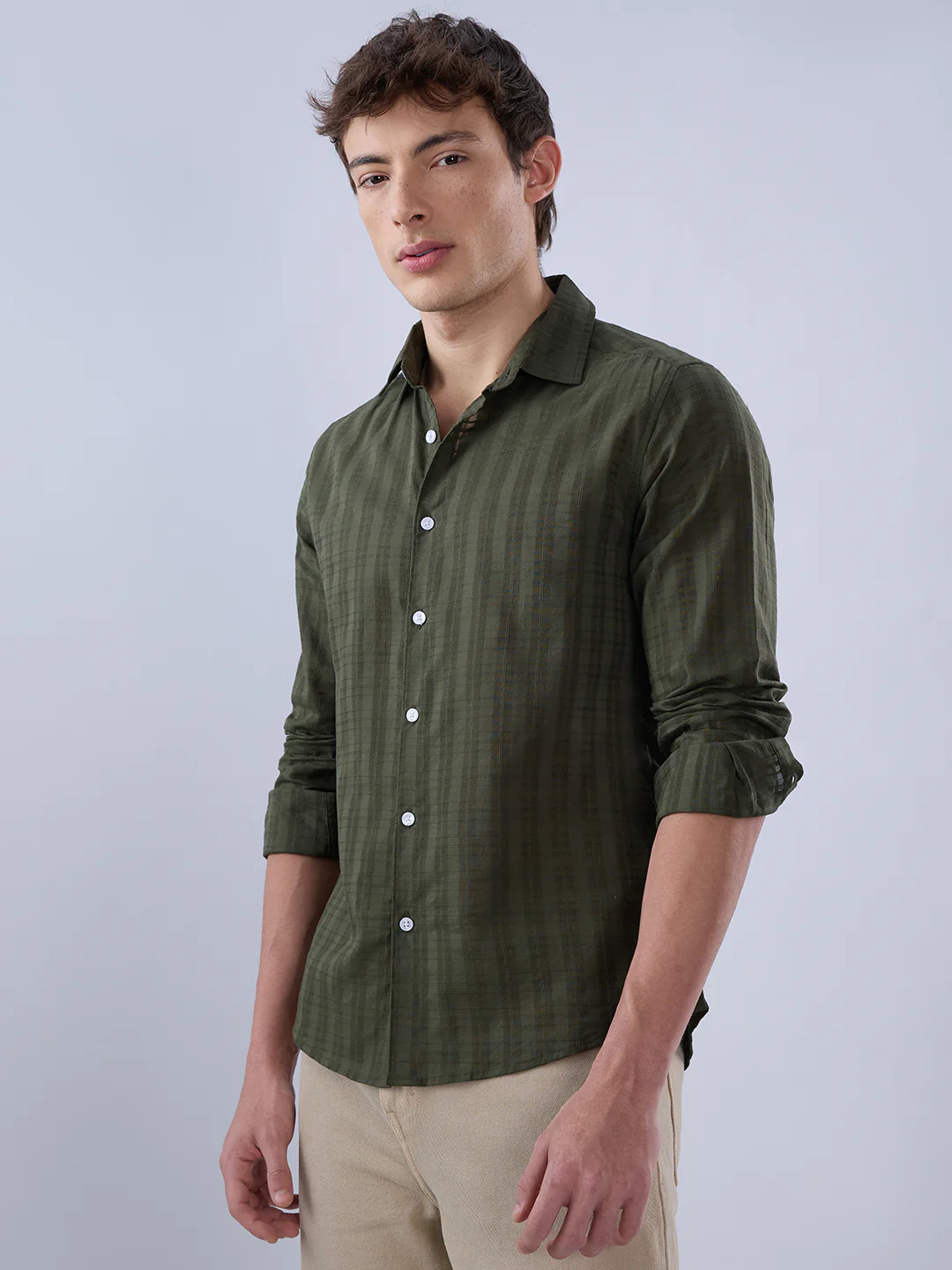 Army Green Textured Striped Shirt - Image 5