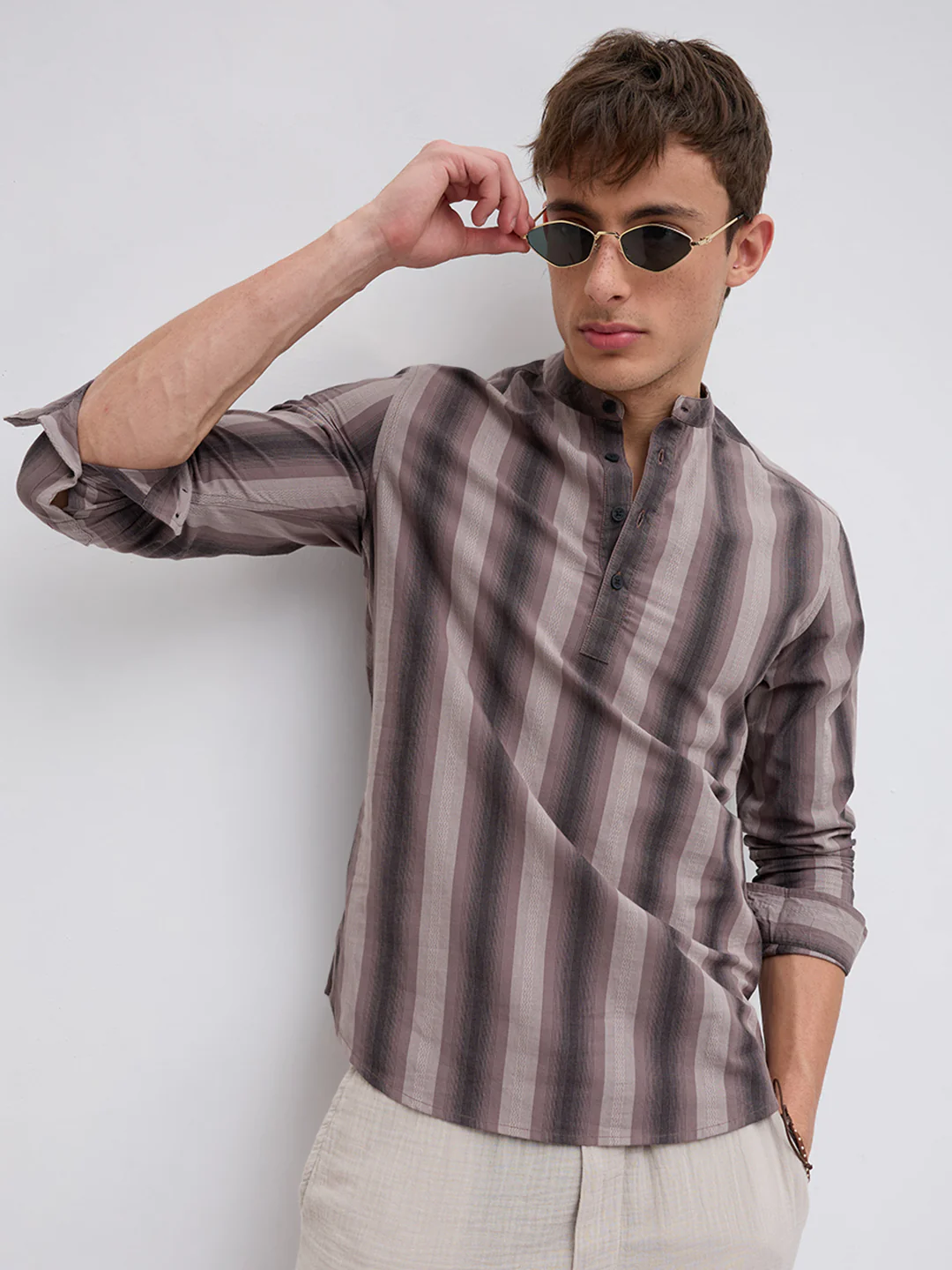 Ash Brown Multi Stripes Essential Kurta