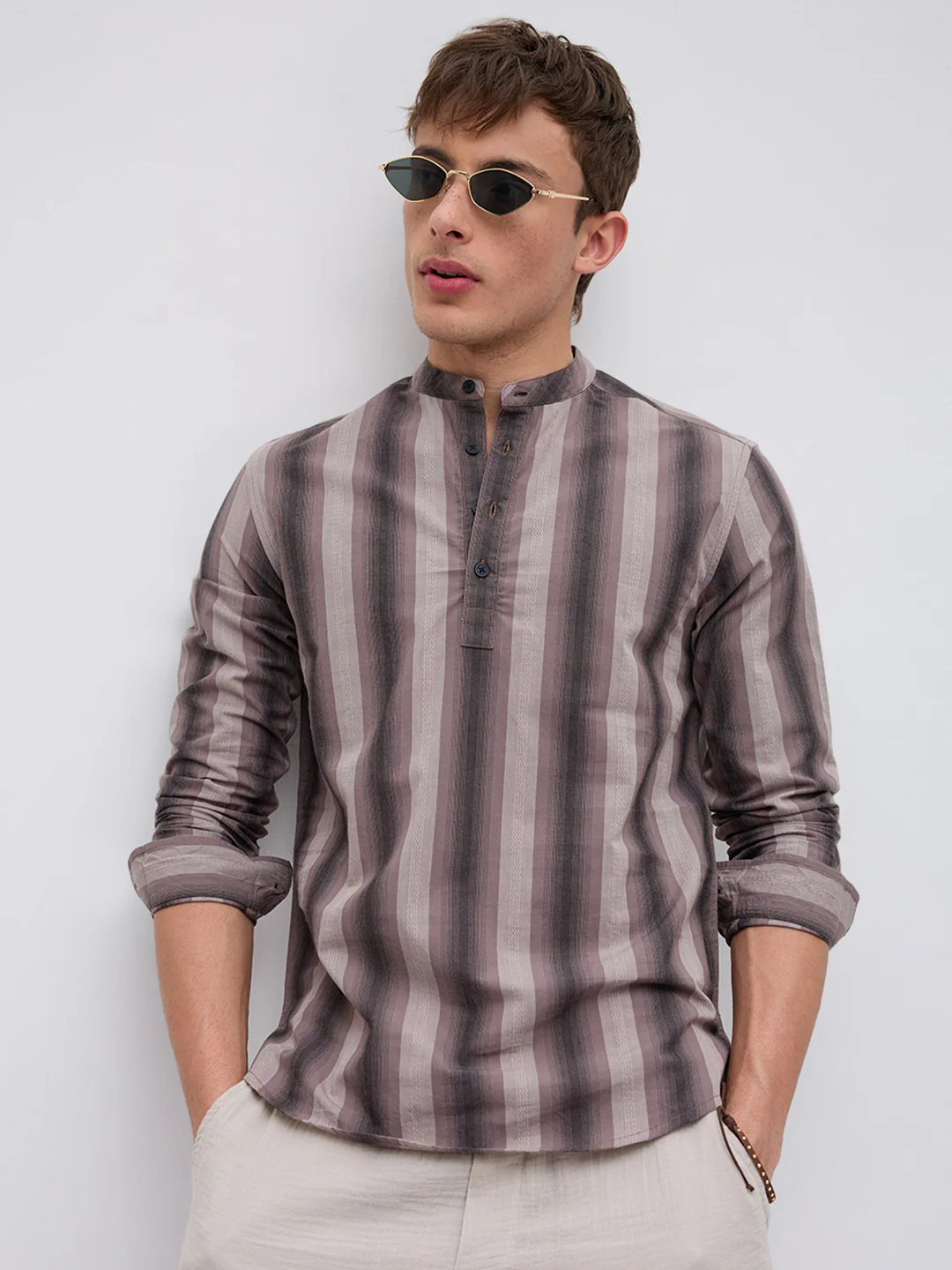 Ash Brown Multi Stripes Essential Kurta - Image 2