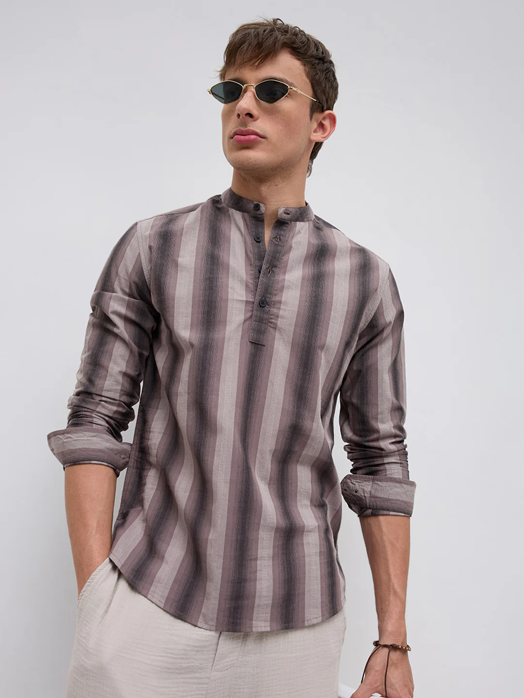 Ash Brown Multi Stripes Essential Kurta - Image 5