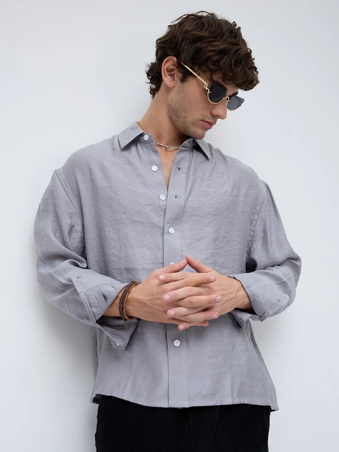Ash Grey Crinkled Boxy Fit Crop Shirt