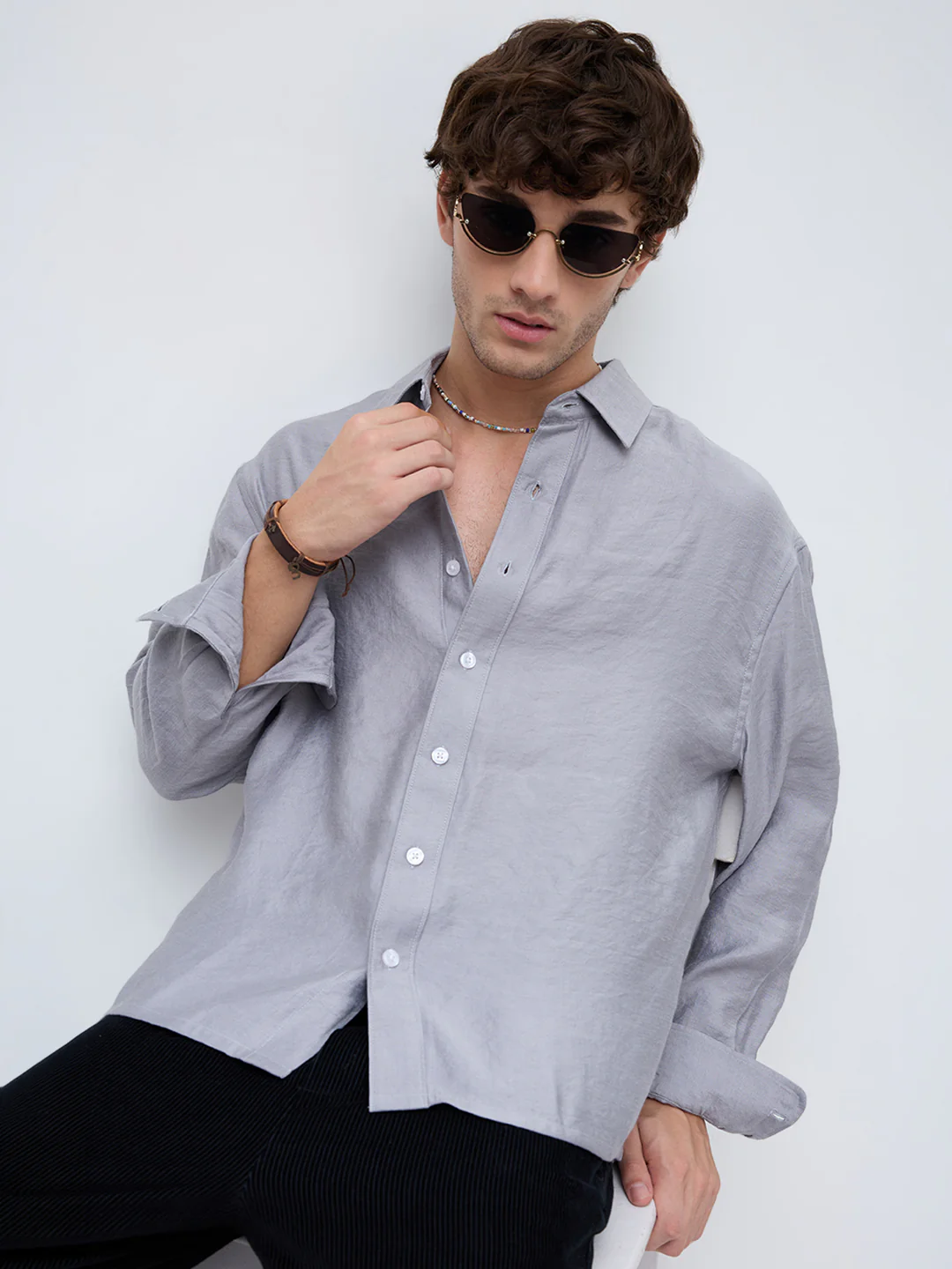 Ash Grey Crinkled Boxy Fit Crop Shirt - Image 2