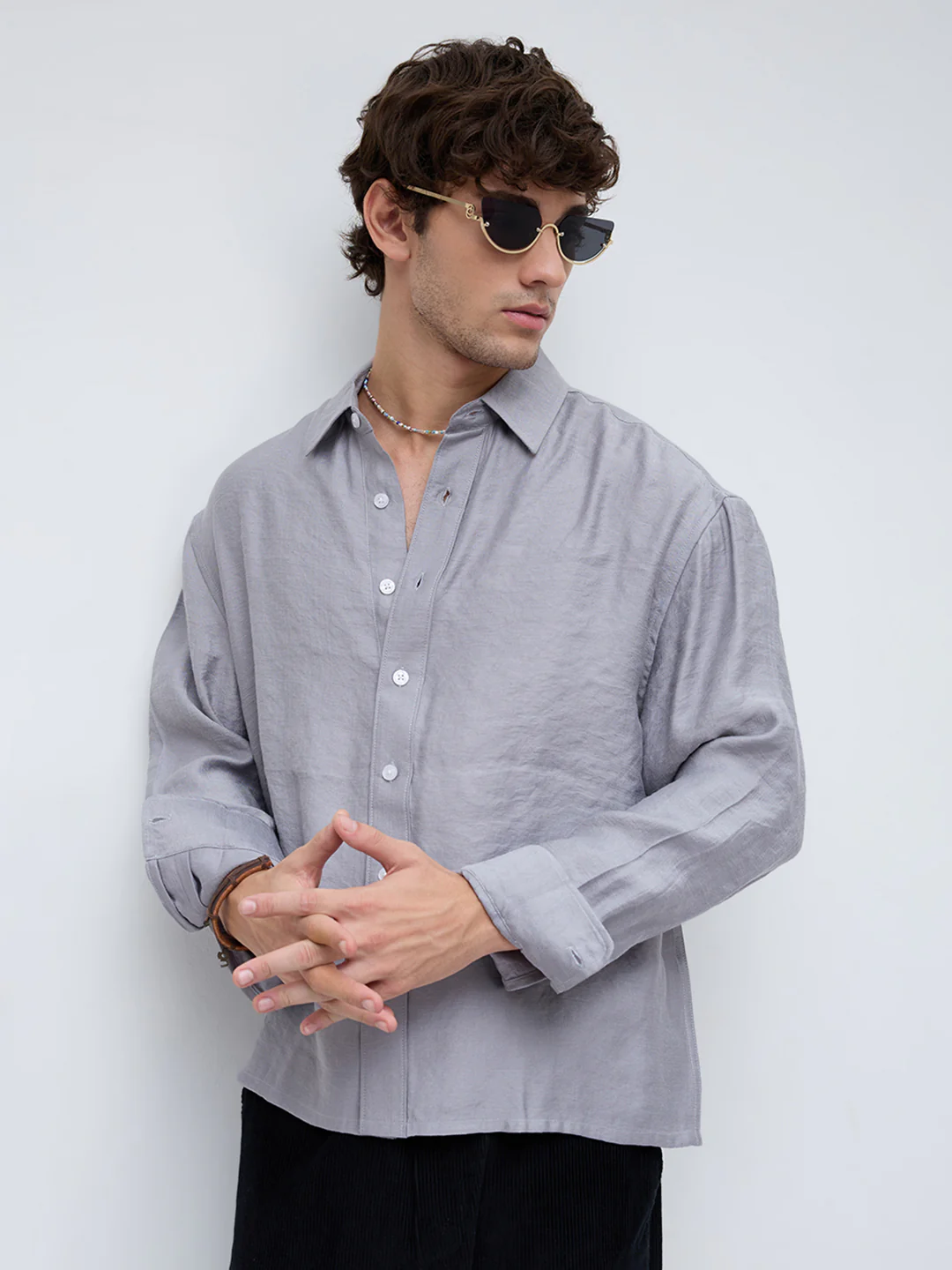 Ash Grey Crinkled Boxy Fit Crop Shirt - Image 4