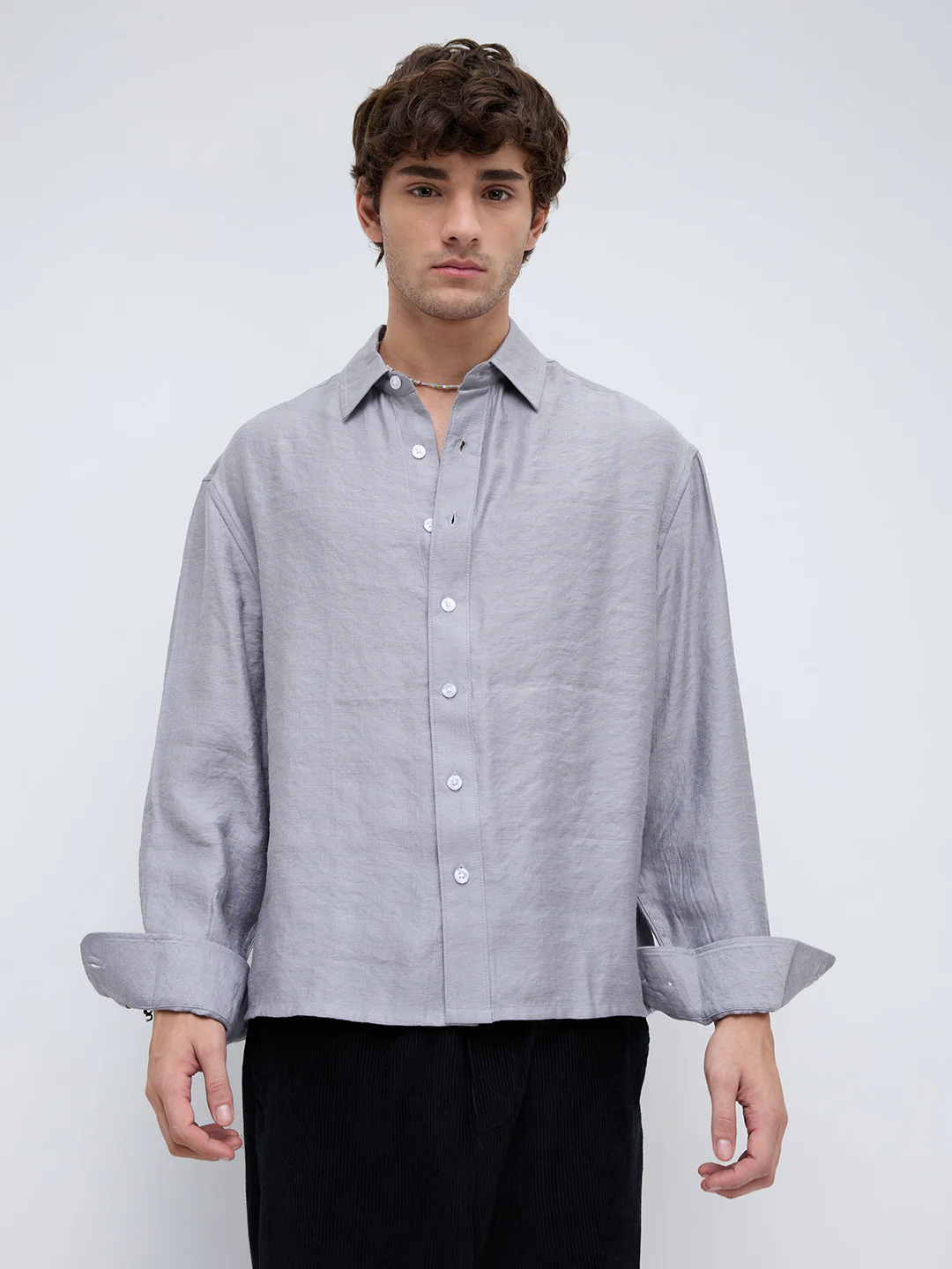 Ash Grey Crinkled Boxy Fit Crop Shirt - Image 5