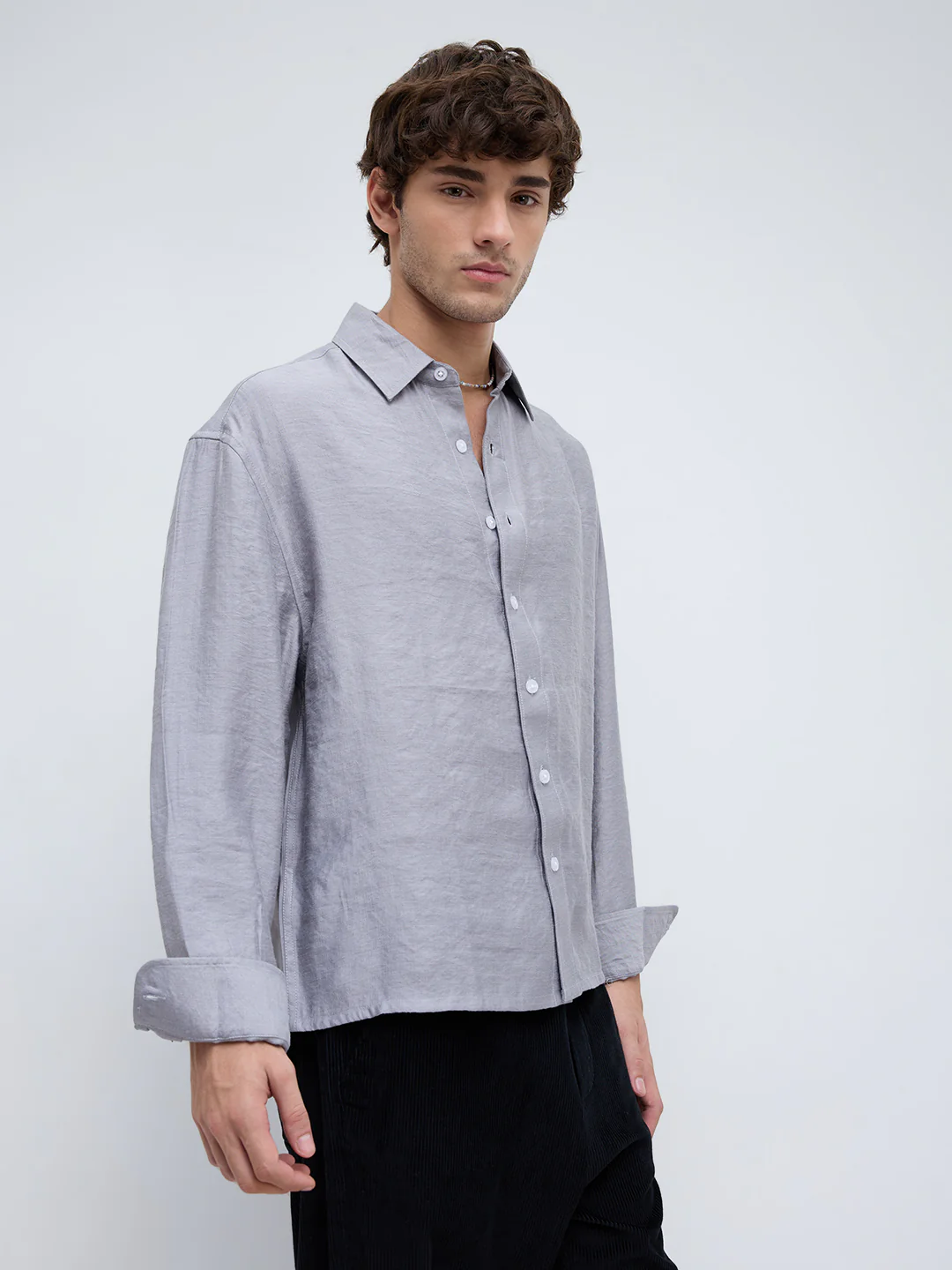 Ash Grey Crinkled Boxy Fit Crop Shirt - Image 6