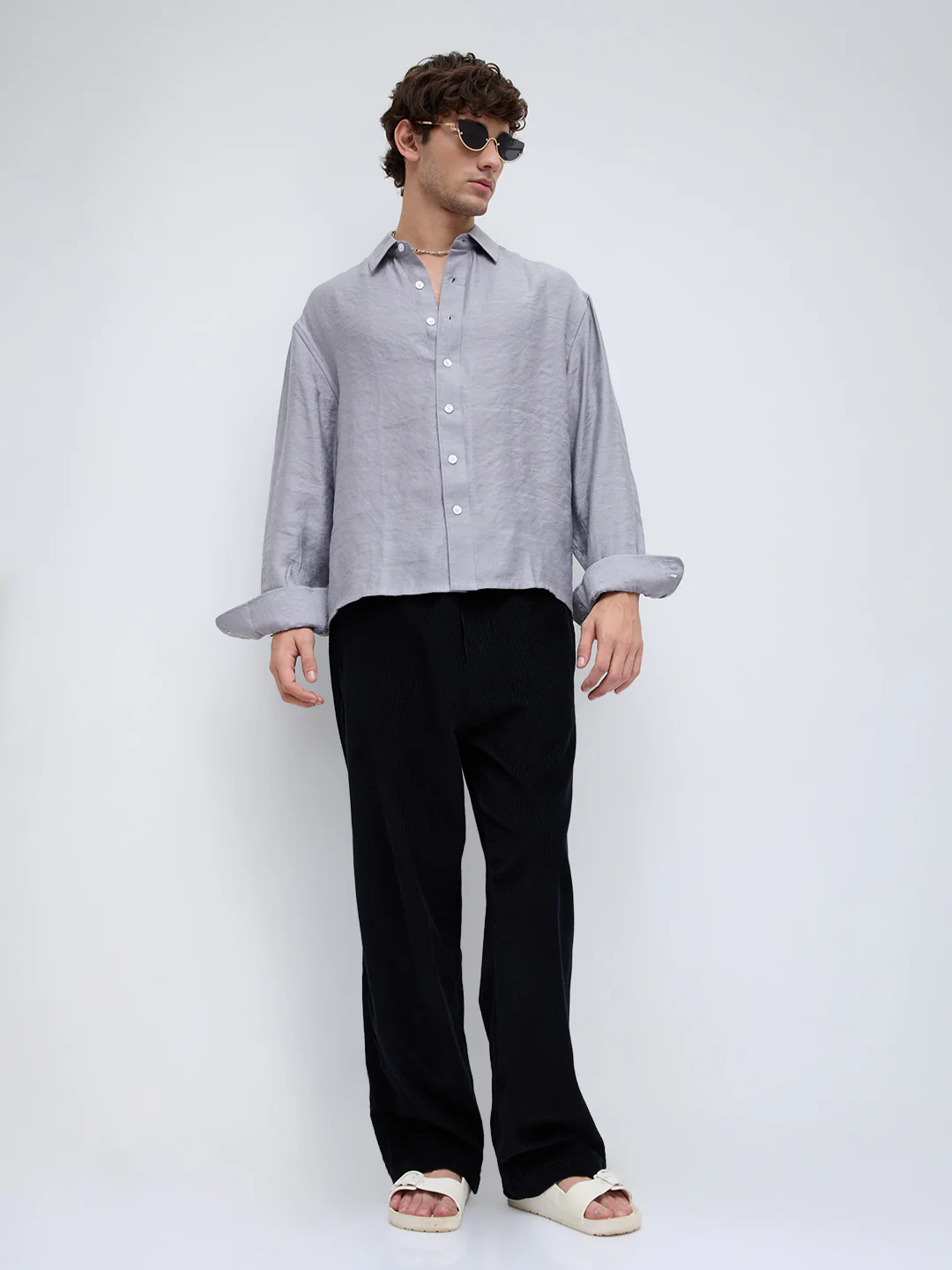 Ash Grey Crinkled Boxy Fit Crop Shirt - Image 8