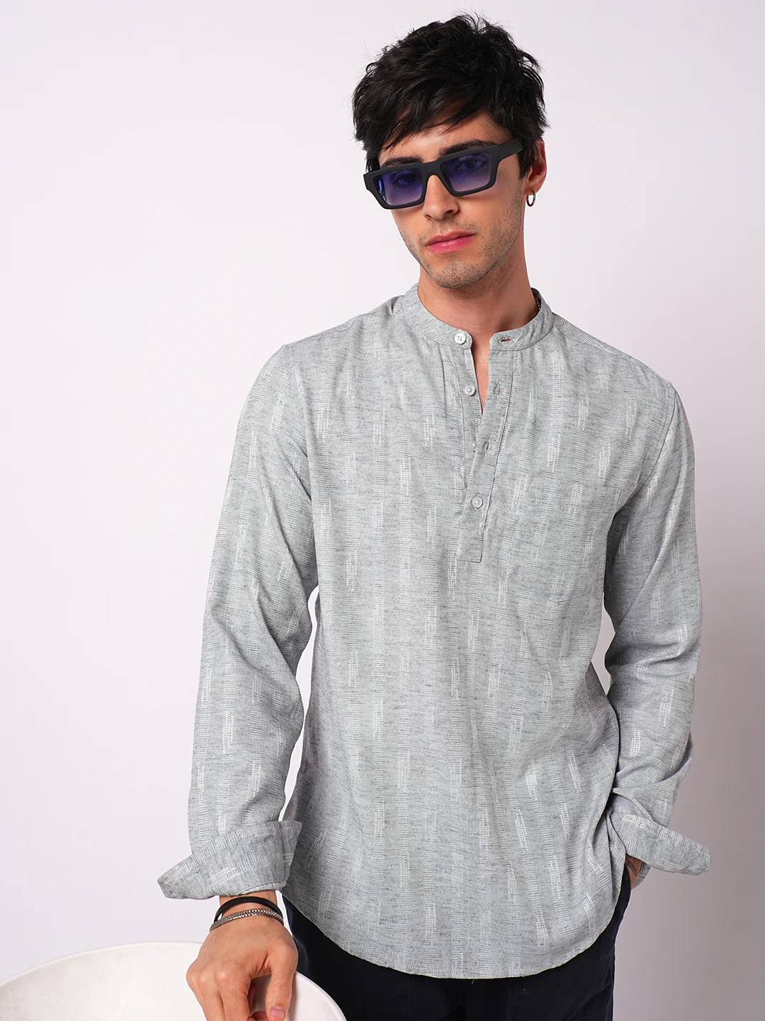 Ash Grey Linear Textured Kurta