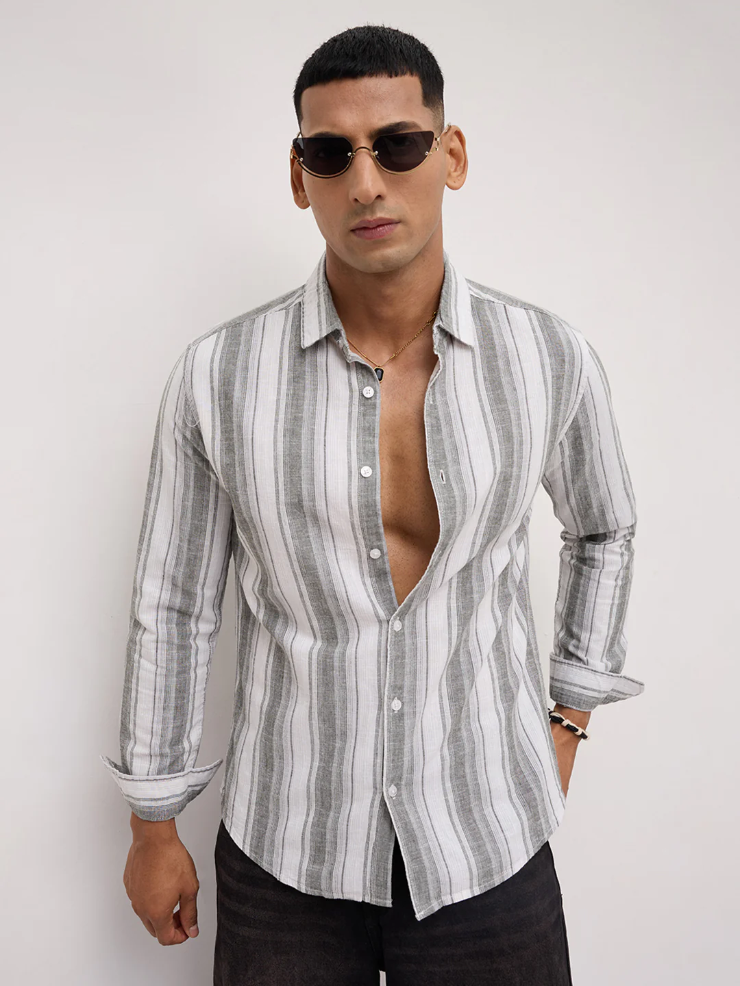 Ash Grey Shadow Striped Linen Blend Shirt - Image 2