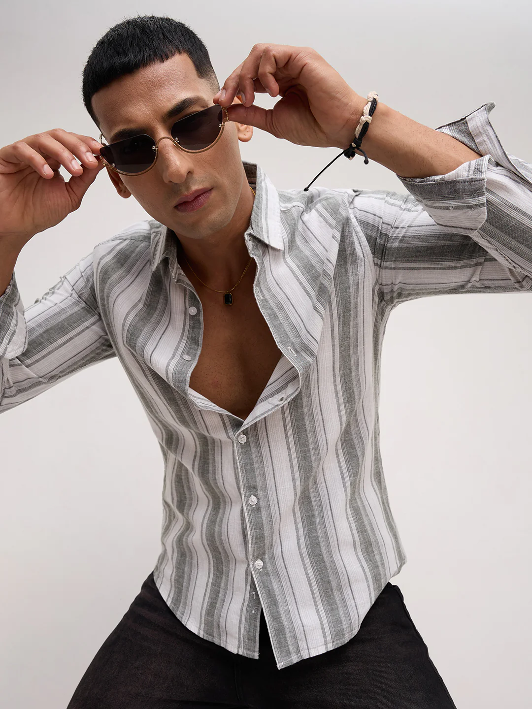 Ash Grey Shadow Striped Linen Blend Shirt - Image 4