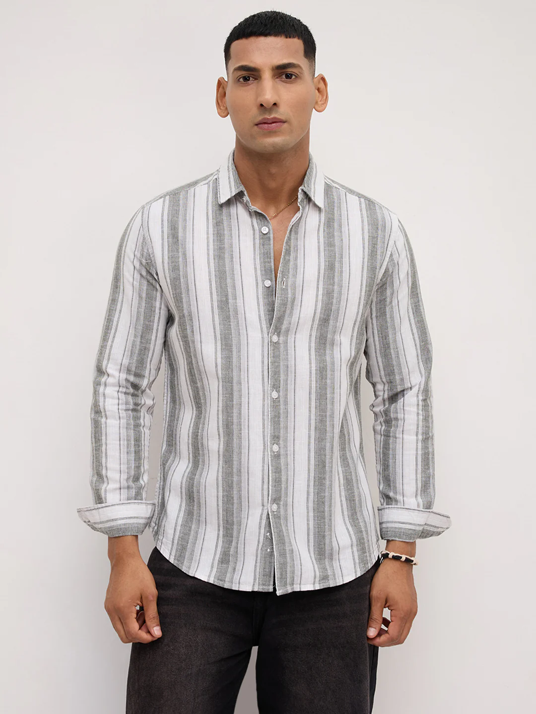 Ash Grey Shadow Striped Linen Blend Shirt - Image 5