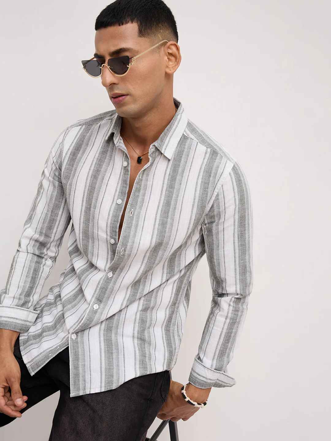 Ash Grey Shadow Striped Linen Blend Shirt - Image 6