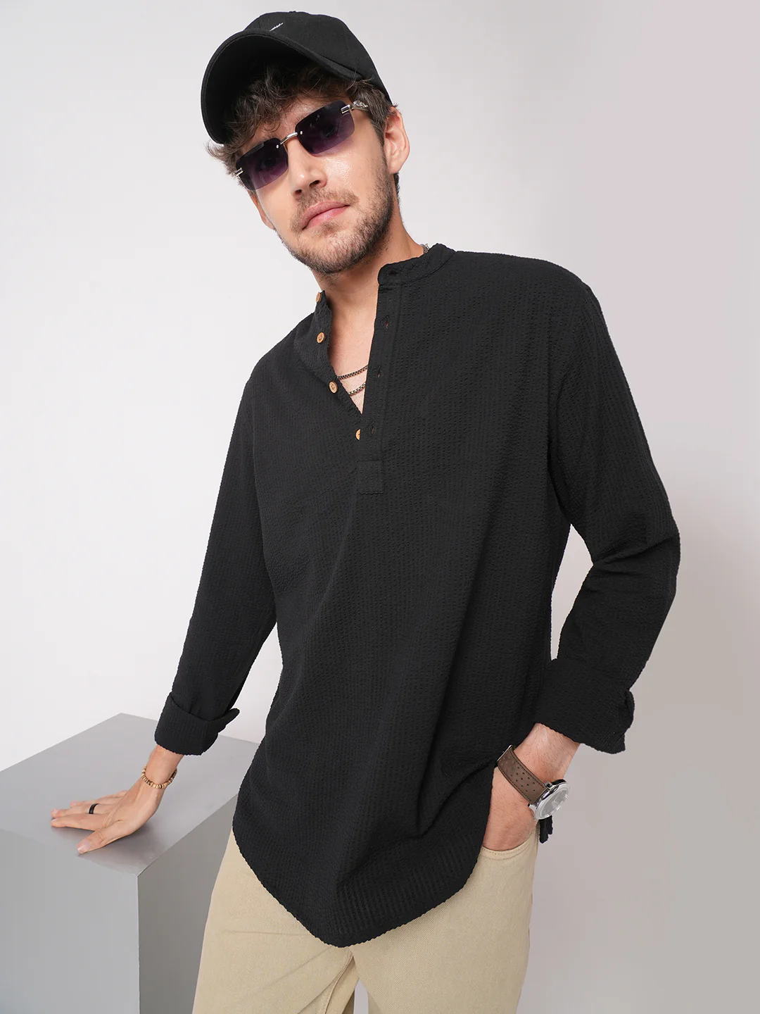 Ash Pinbar Black Seersucker Kurta