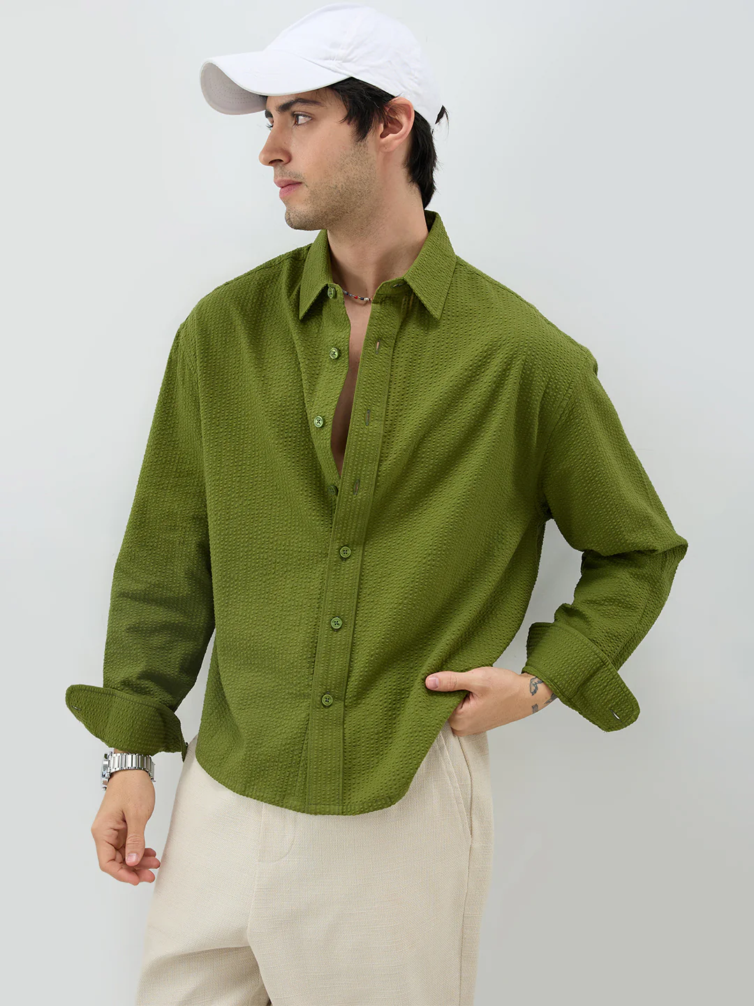 Basil Green Seersucker Striped Boxy Fit Crop Shirt - Image 2