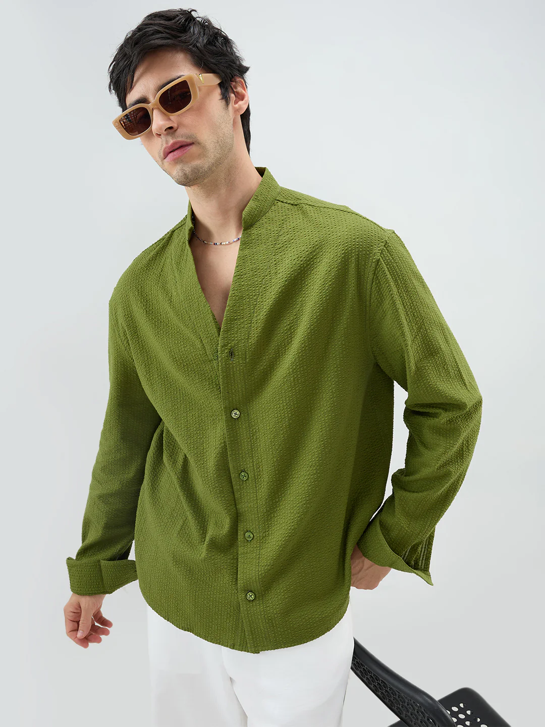 Basil Green Seersucker Striped Stand Collar Oversized Shirt - Image 2