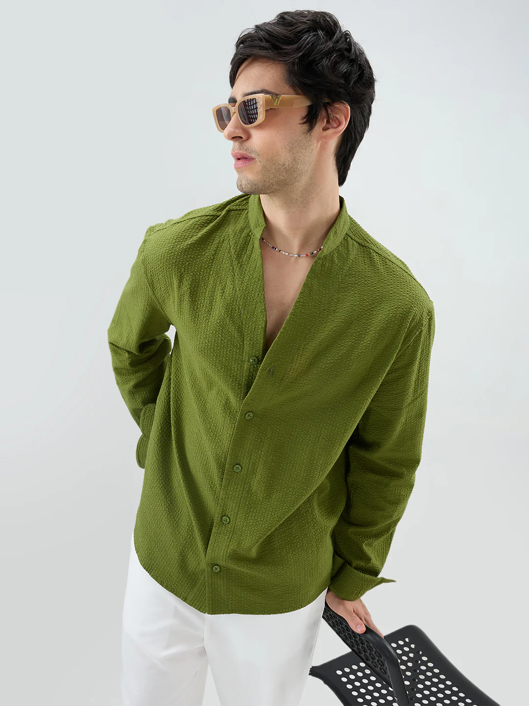 Basil Green Seersucker Striped Stand Collar Oversized Shirt - Image 4