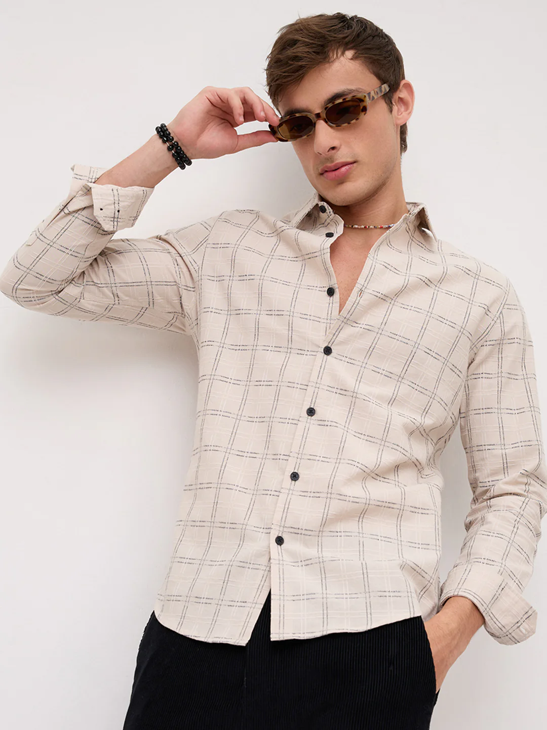 Beige & Black Gridline Graph Textured Checks Shirt - Image 2