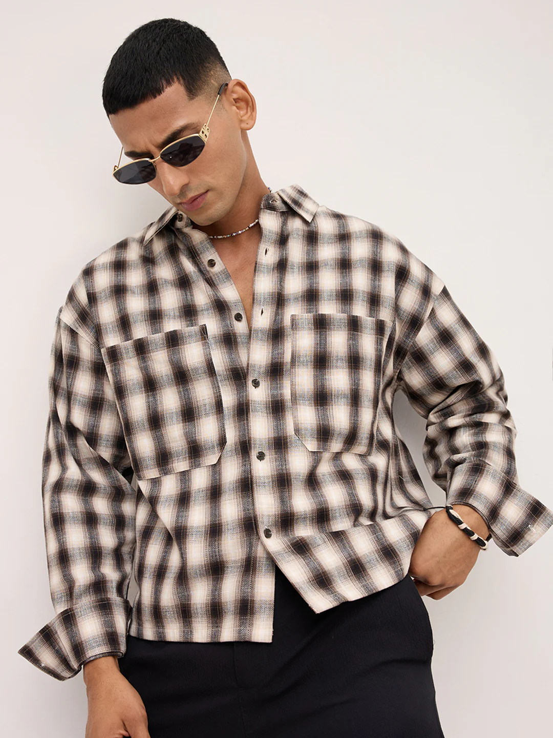 Beige & Black Tartan checks Double pocket Boxy Fit Crop Shirt - Image 2