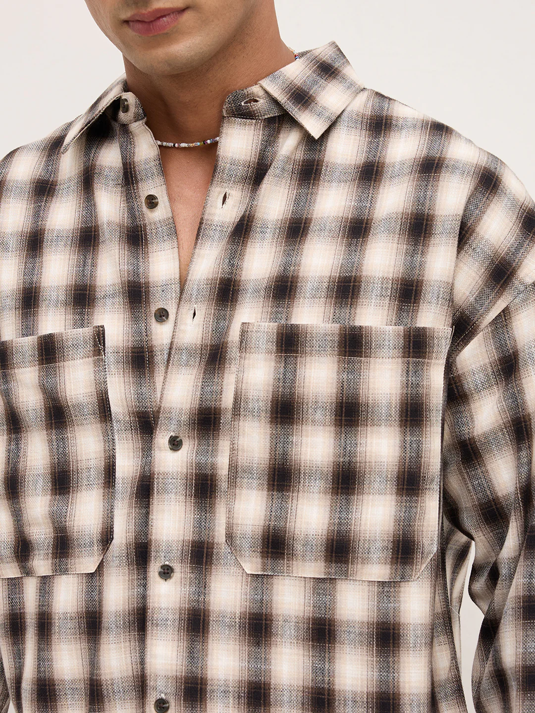 Beige & Black Tartan checks Double pocket Boxy Fit Crop Shirt - Image 3