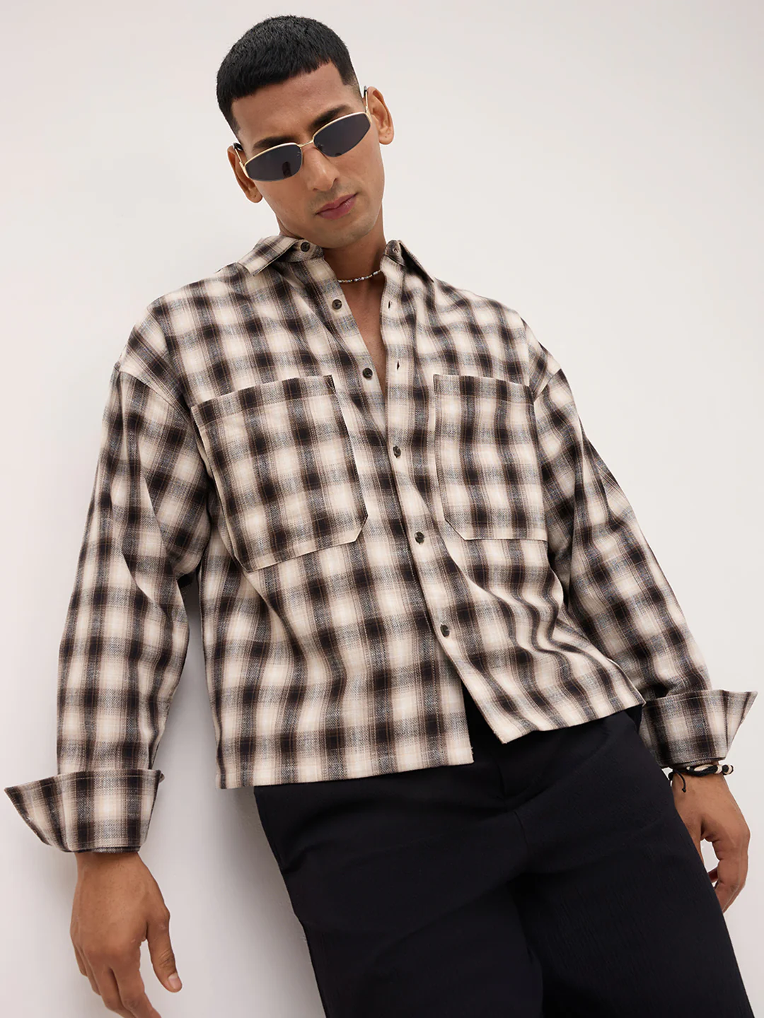 Beige & Black Tartan checks Double pocket Boxy Fit Crop Shirt - Image 4