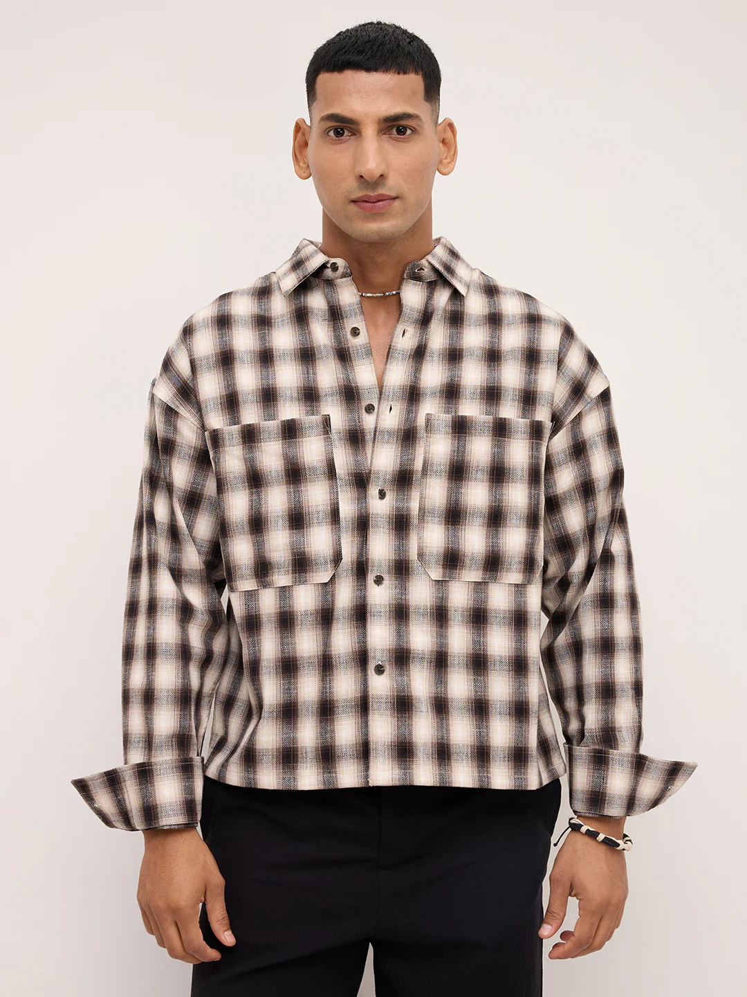 Beige & Black Tartan checks Double pocket Boxy Fit Crop Shirt - Image 5