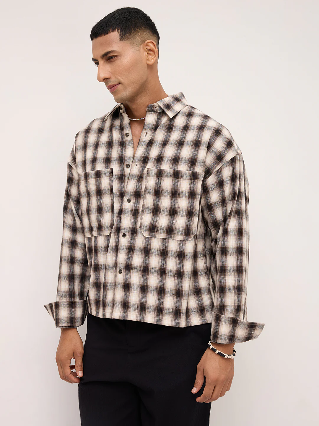 Beige & Black Tartan checks Double pocket Boxy Fit Crop Shirt - Image 6