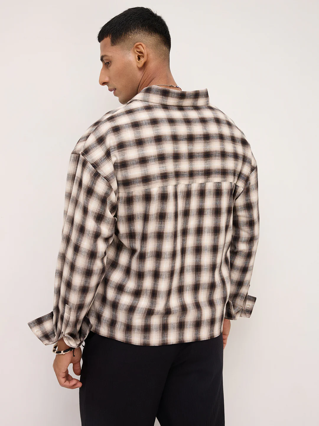 Beige & Black Tartan checks Double pocket Boxy Fit Crop Shirt - Image 7