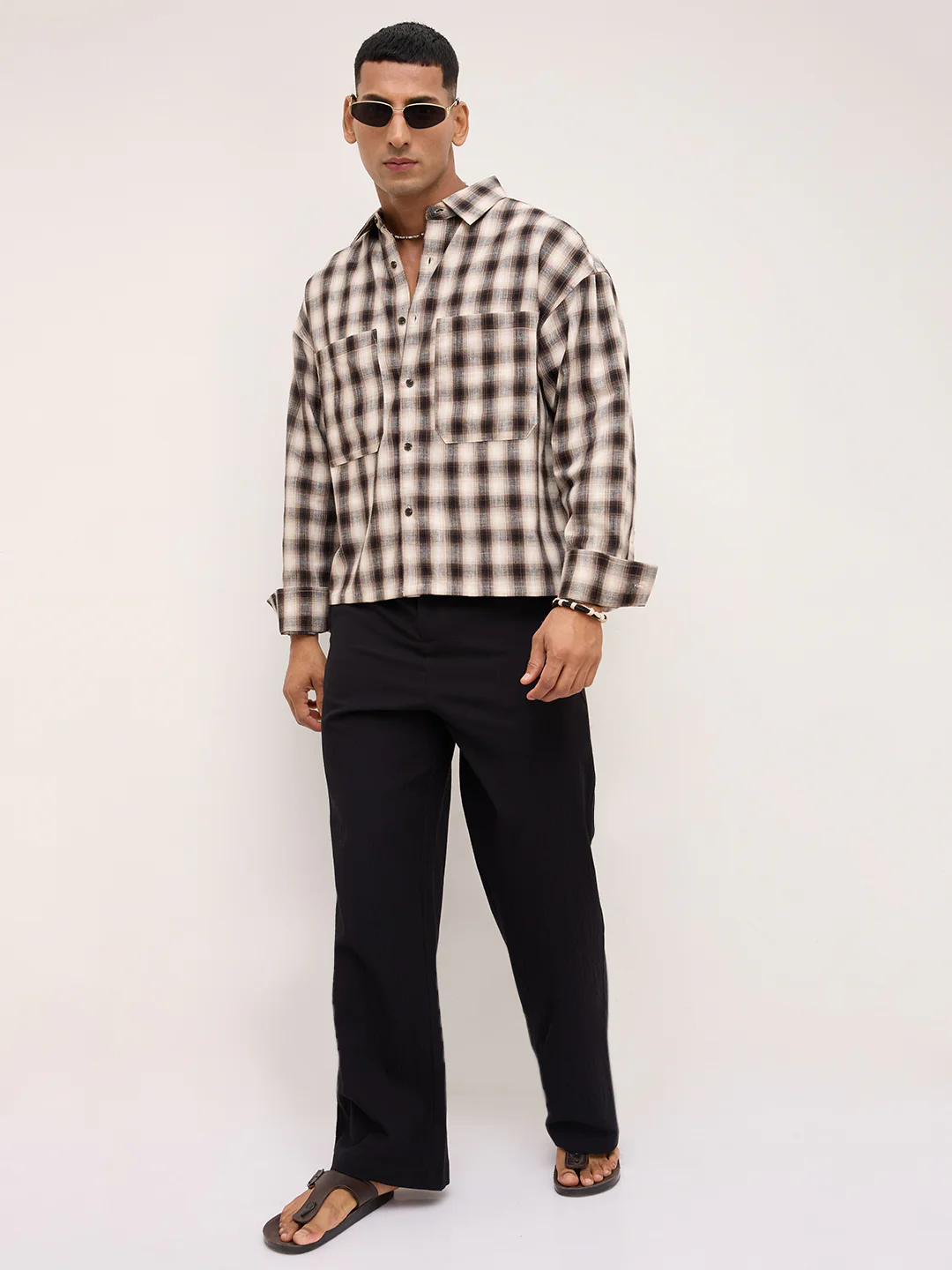 Beige & Black Tartan checks Double pocket Boxy Fit Crop Shirt - Image 8