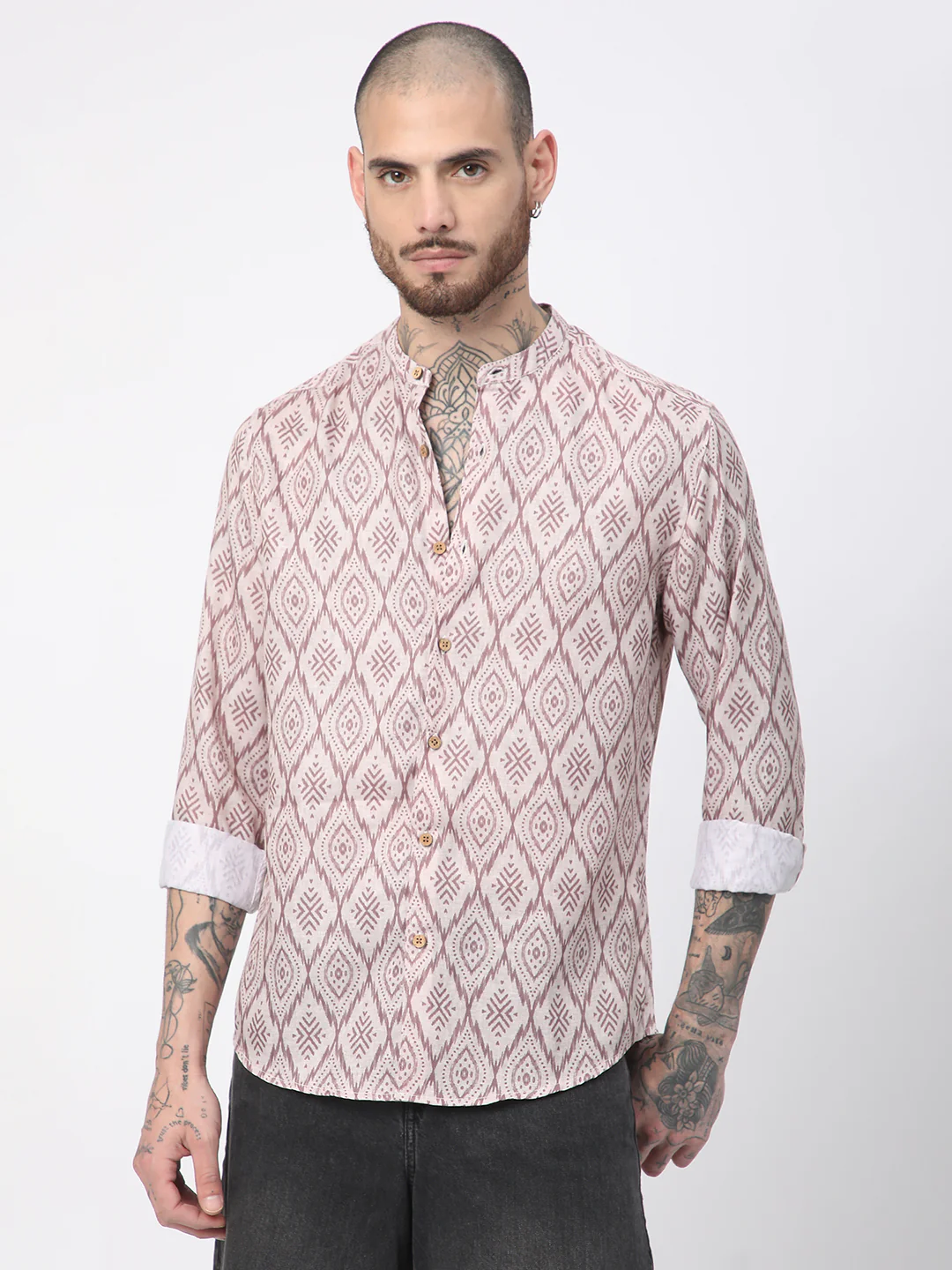 Beige & Brown Ikat Printed Mandarin Collar Shirt - Image 2