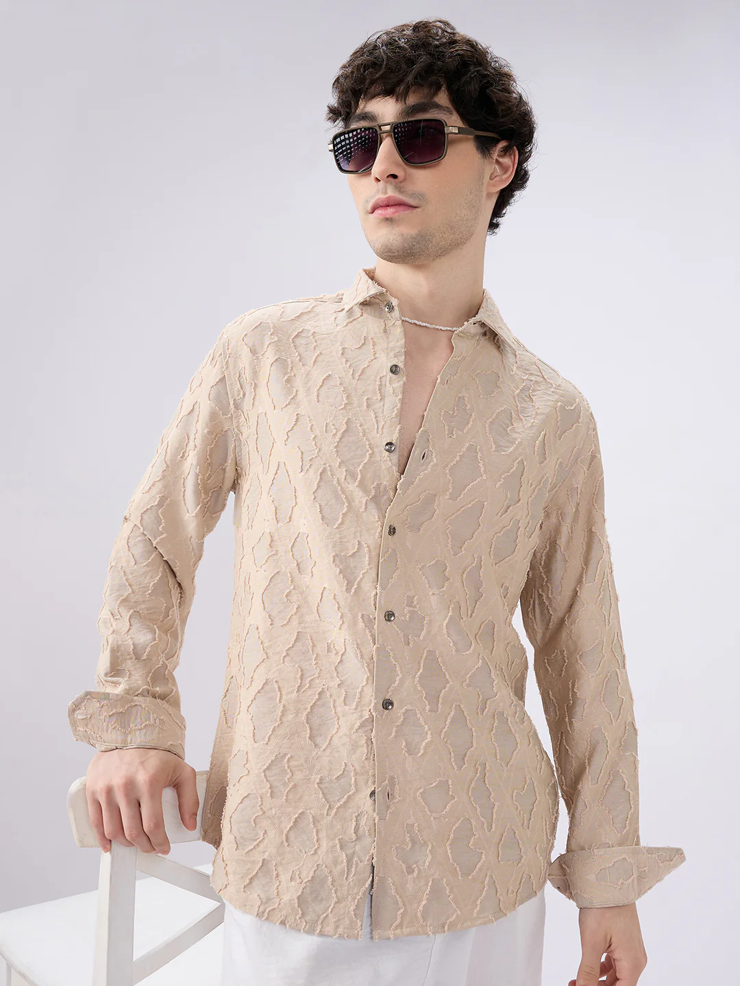 Beige Lozenge Engraved Artisan Frayed Shirt