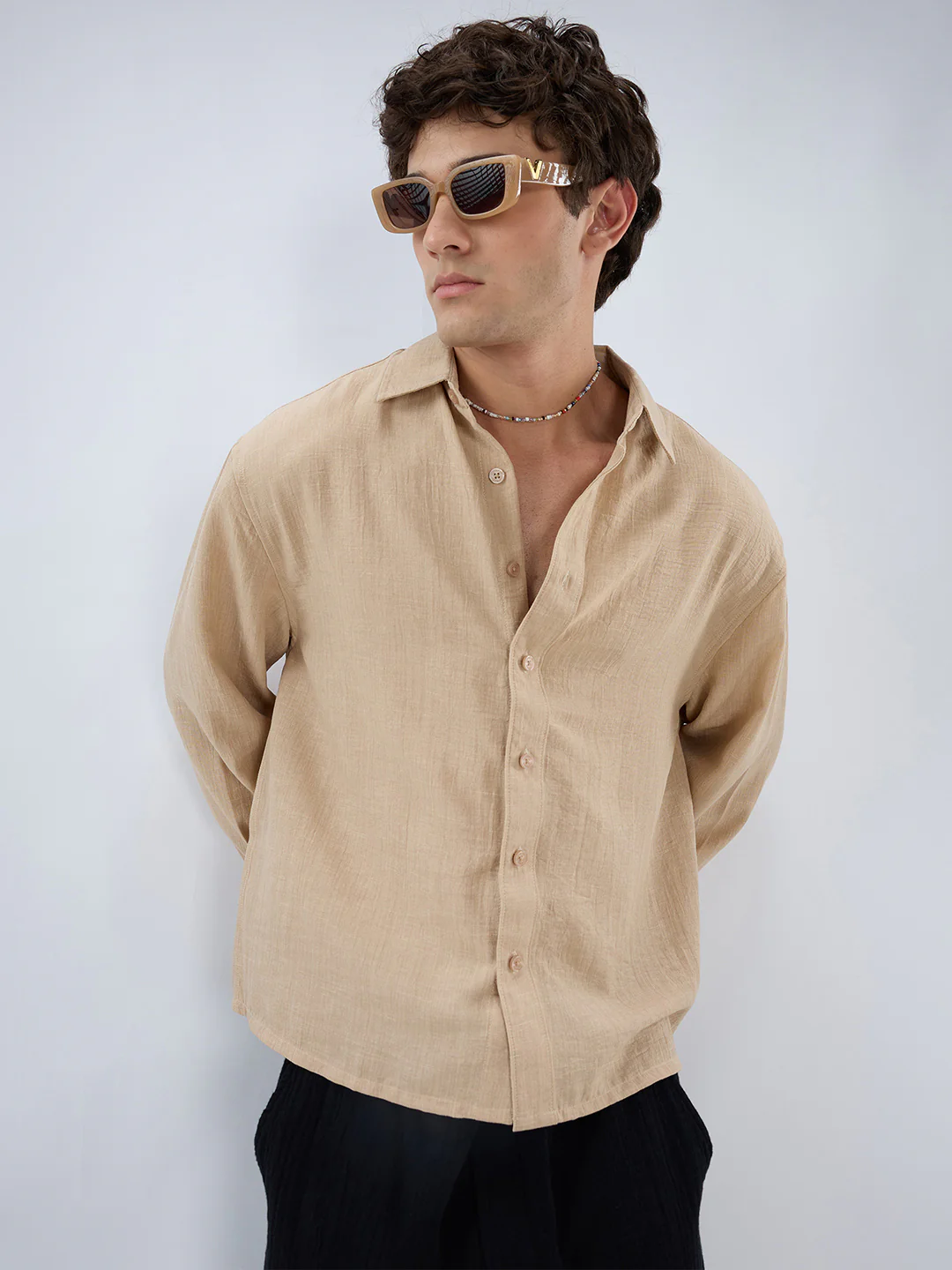 Beige Slub Textured Boxy Fit Crop Shirt - Image 4