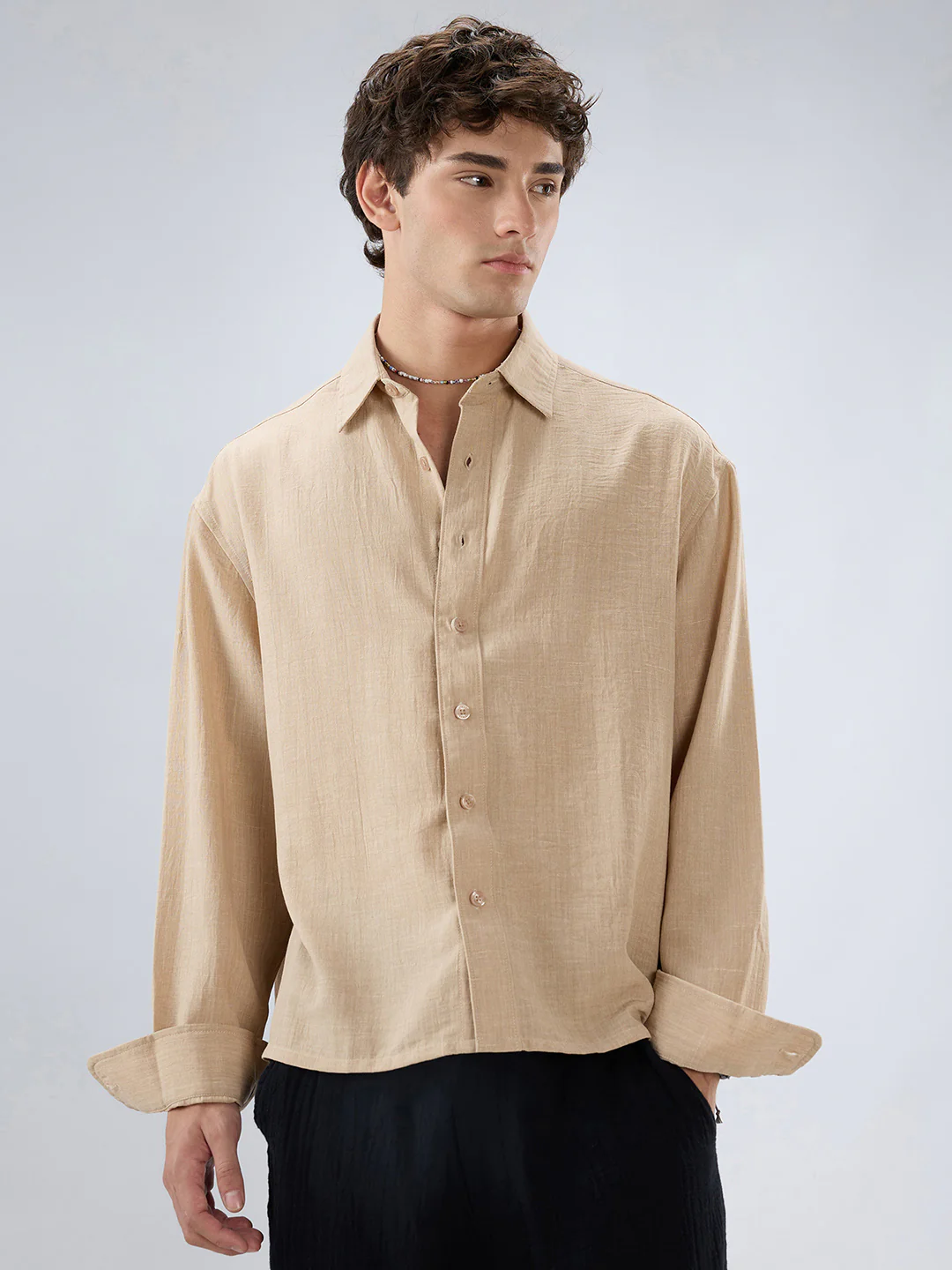 Beige Slub Textured Boxy Fit Crop Shirt - Image 5