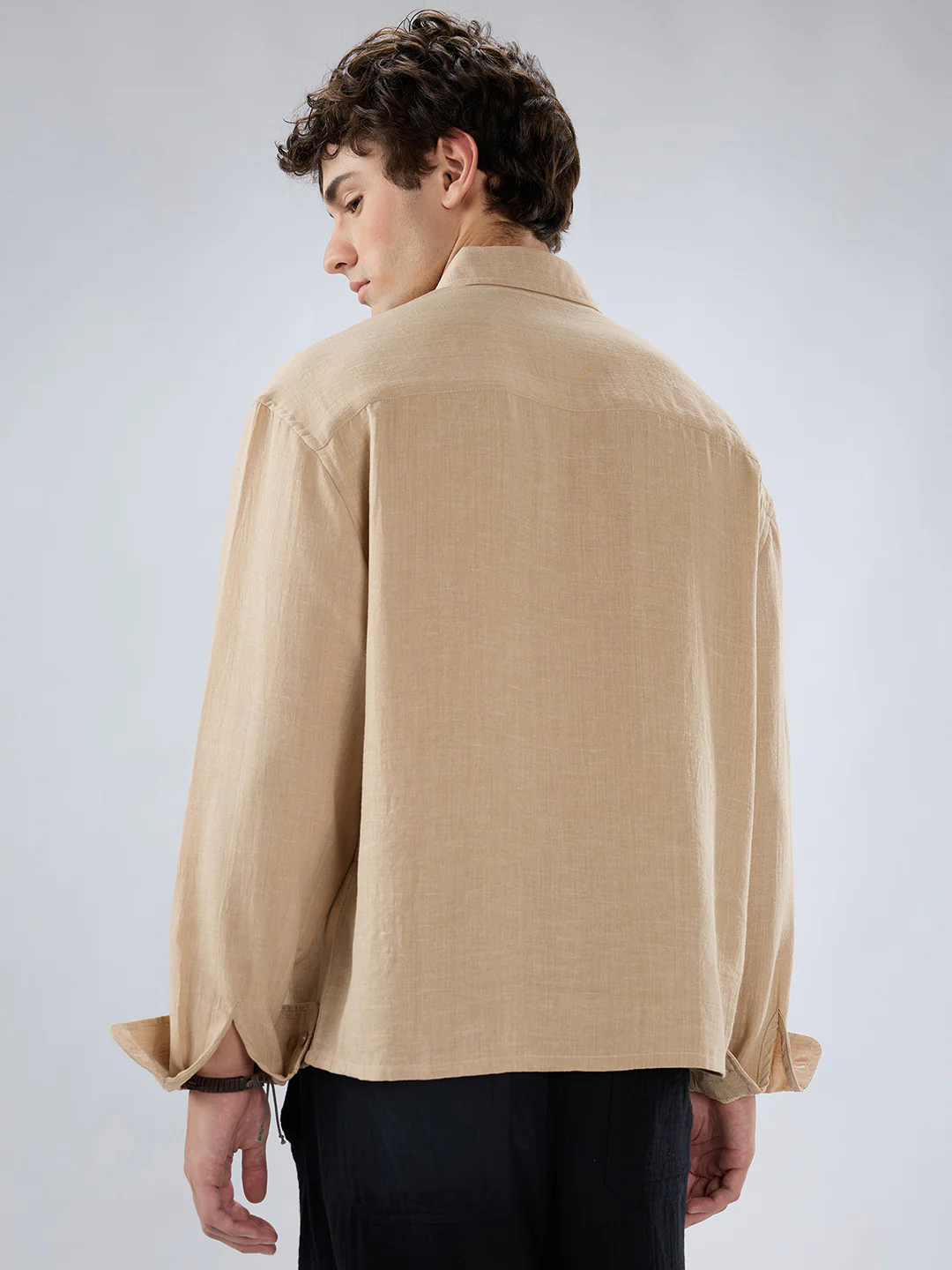Beige Slub Textured Boxy Fit Crop Shirt - Image 7