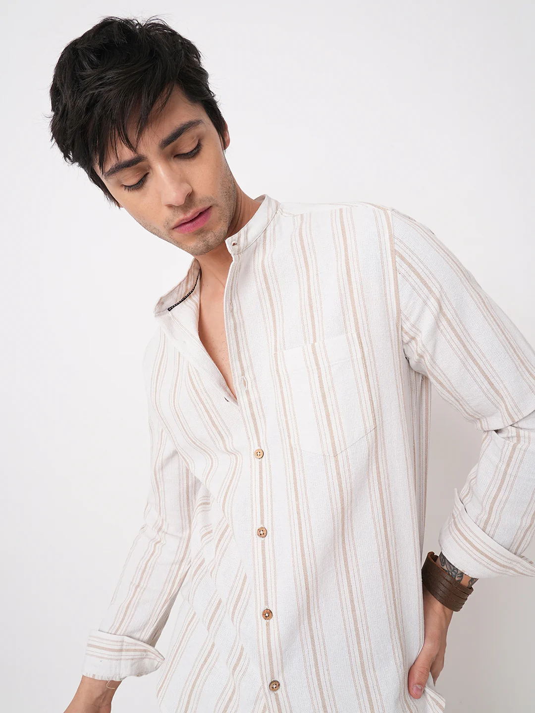 Beige & White Stripes Mandarin Shirt