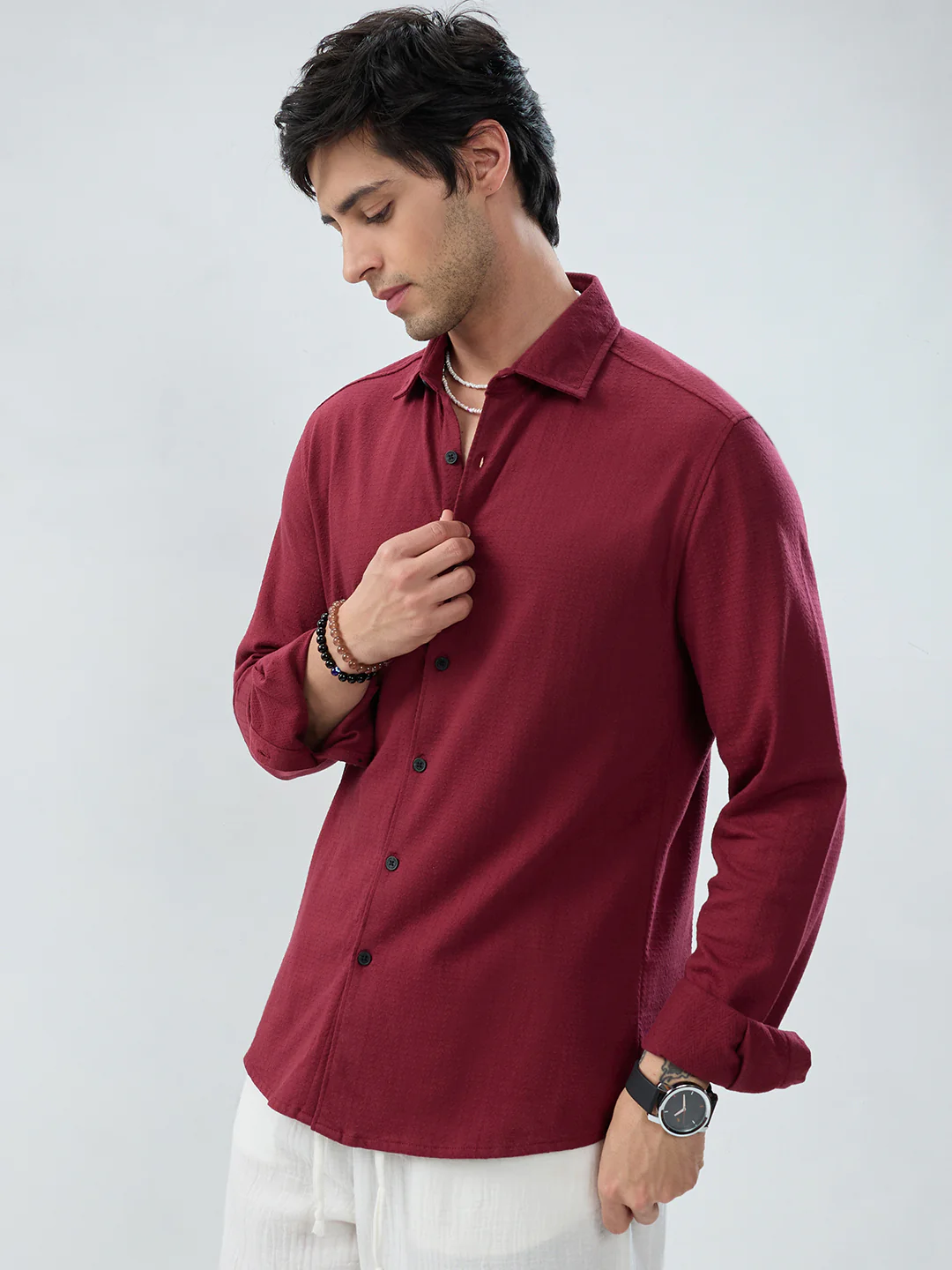 Berry Red Subtle Textured Knit Shirt - Image 6