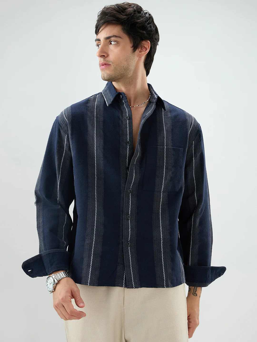 Navy Contrast Panel Fine Weave Boxy Fit Crop Shirt - Image 5