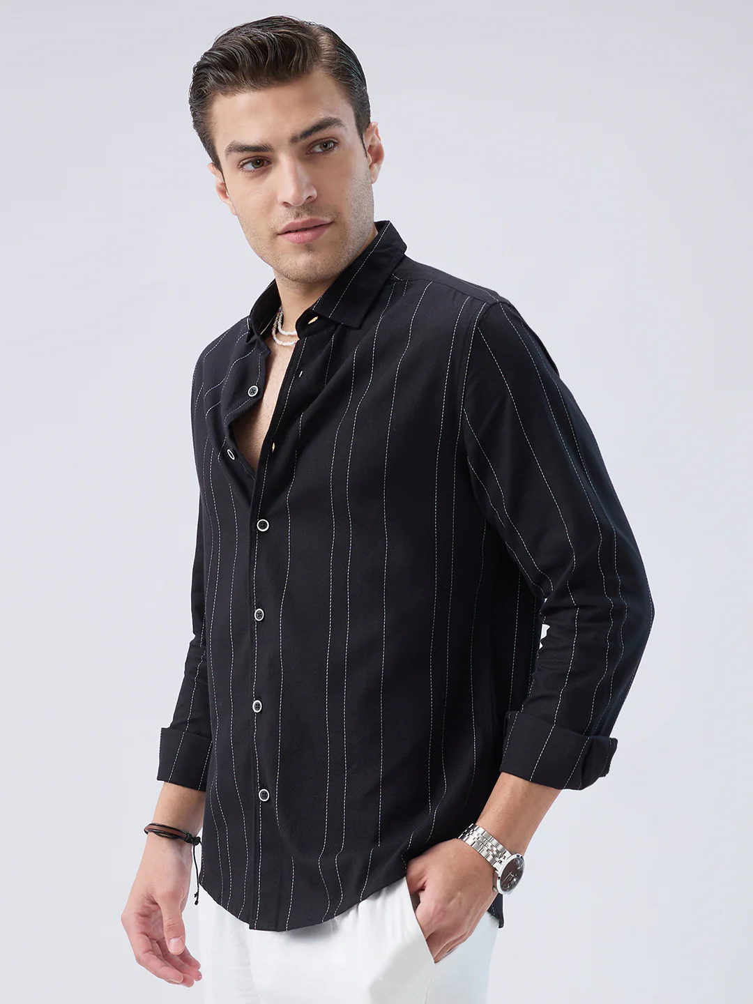 Black Contrast Stitch Vertical Striped Shirt - Image 6