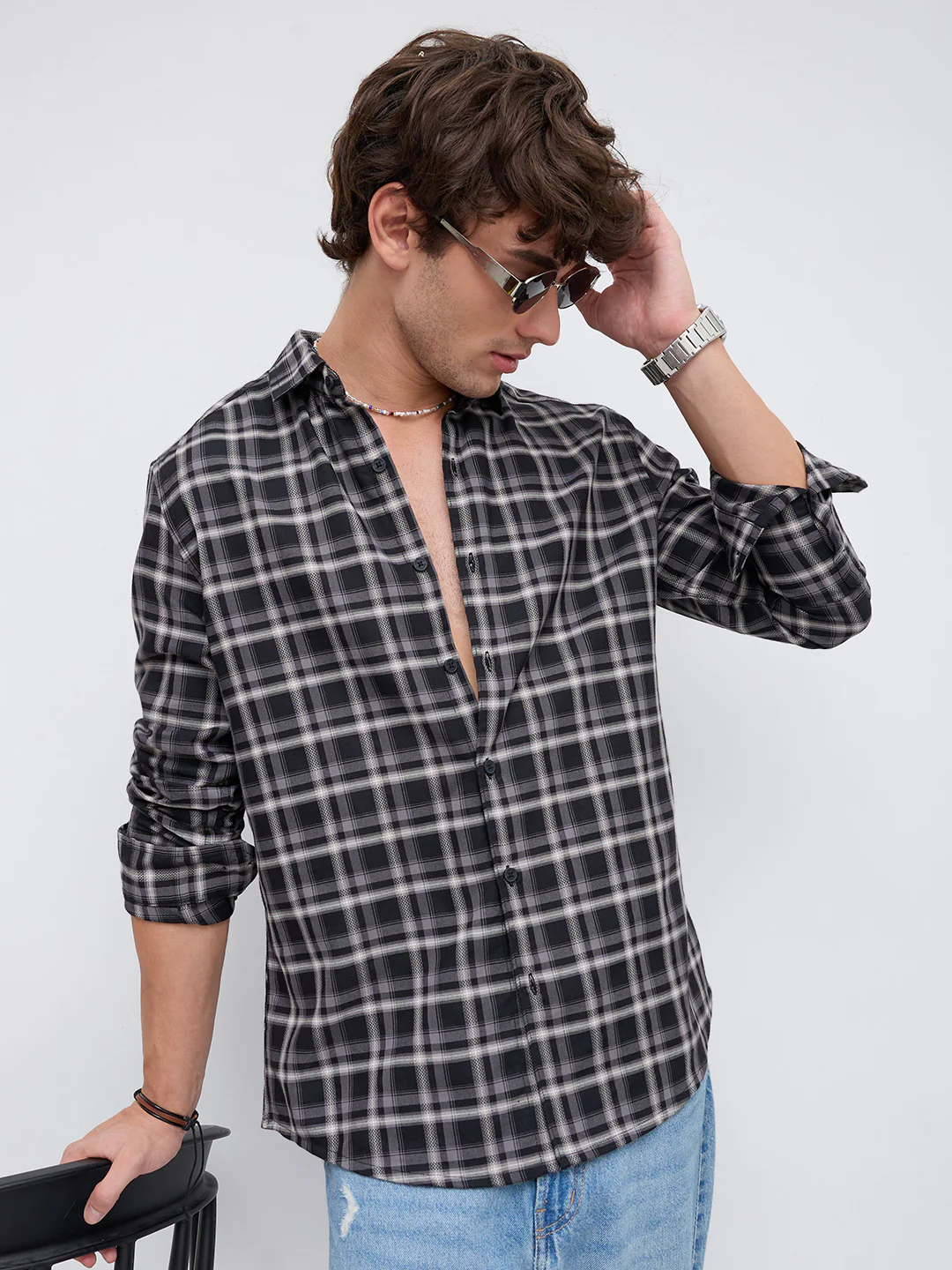 Black & Grey Tartan Checked Relaxed Shirt - Image 2