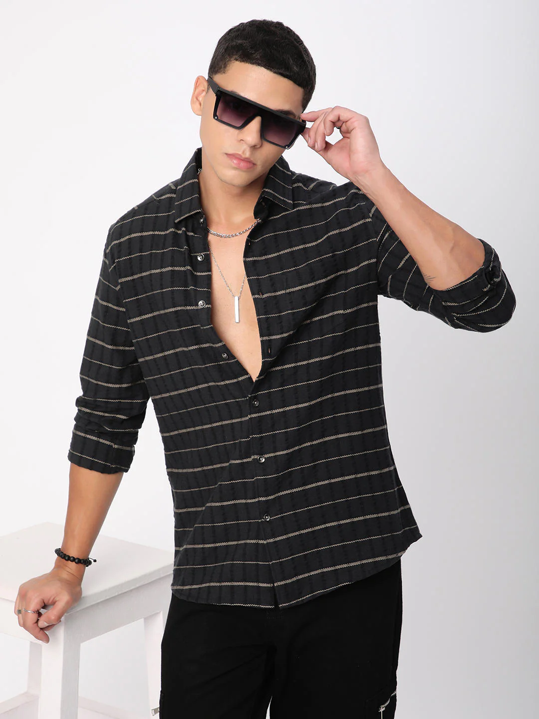 Black Horizontal Striped Seersucker Shirt