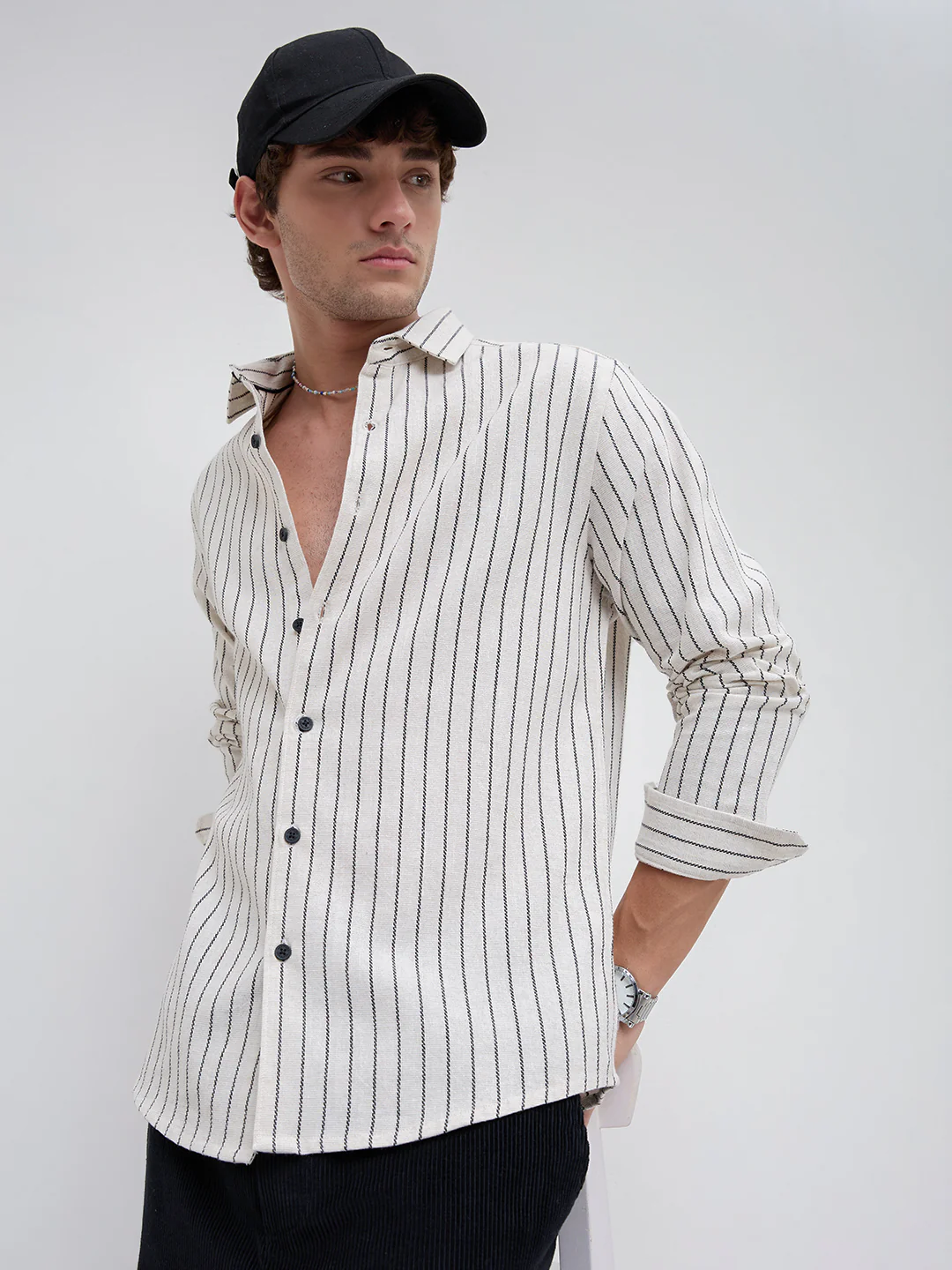 Black & Ivory Saddle Weave Contrast Stripe Shirt - Image 6