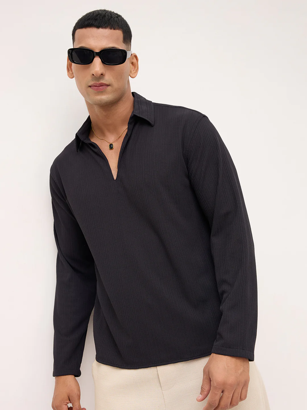 Black Linework Airknit Oversized Polo Shirt - Image 2