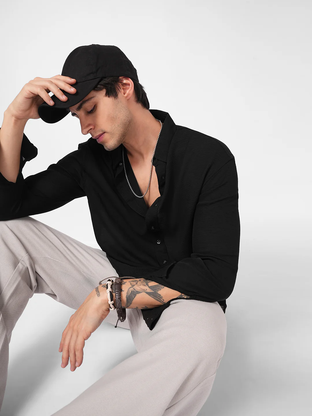 Classic Black Crinkled Boxy Fit Crop Shirt
