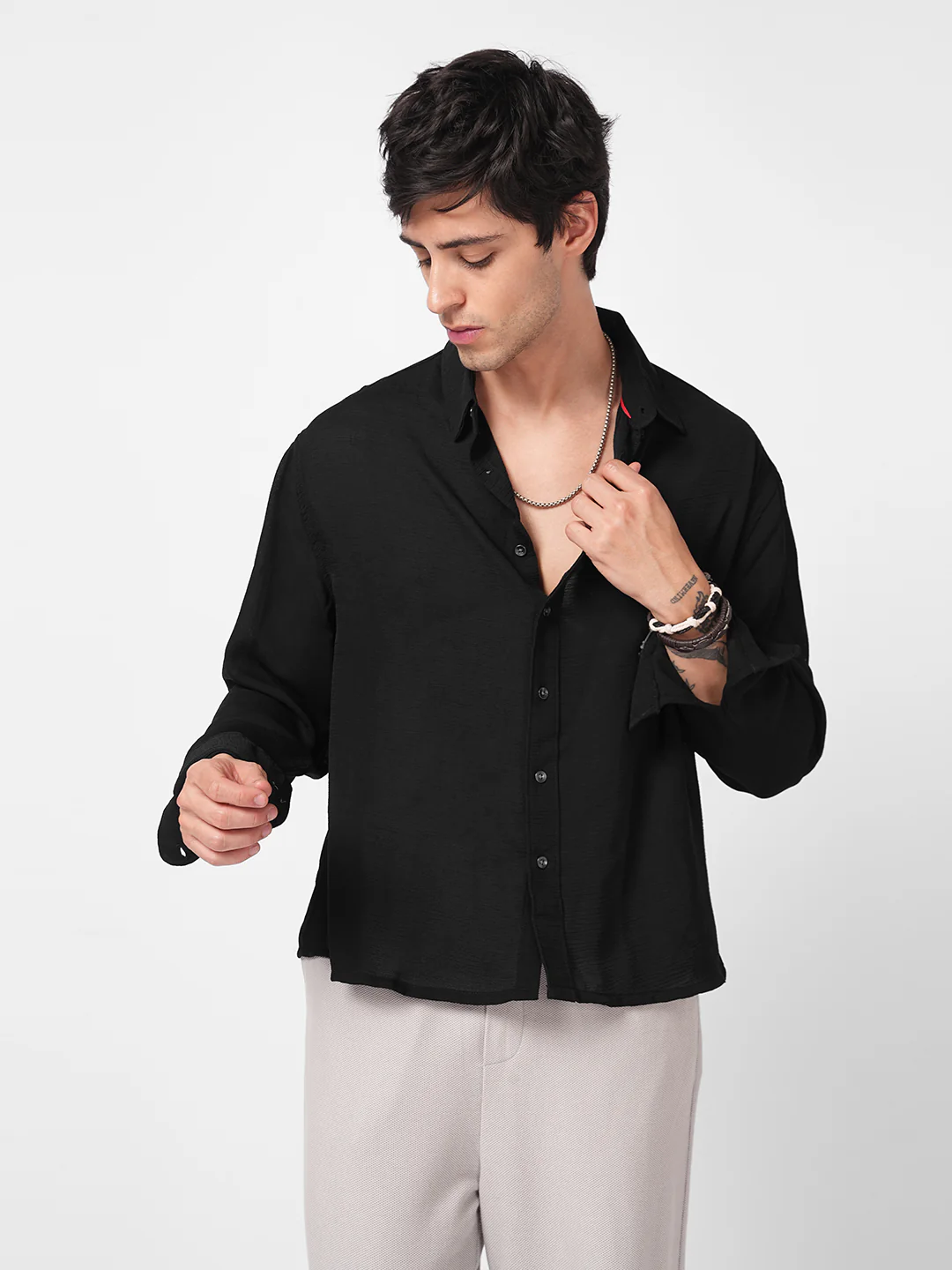 Classic Black Crinkled Boxy Fit Crop Shirt - Image 5