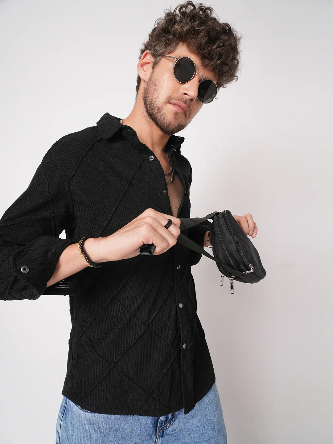 Black Nightline Diamond Stitch Corduroy Shirt - Image 4