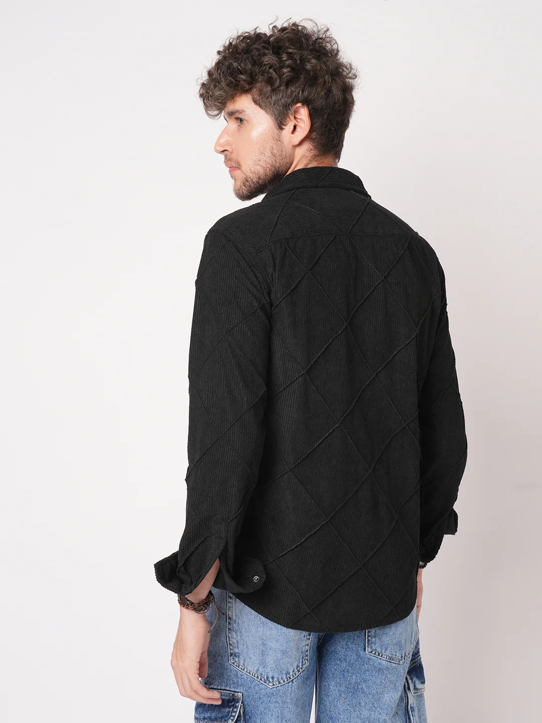 Black Nightline Diamond Stitch Corduroy Shirt - Image 7