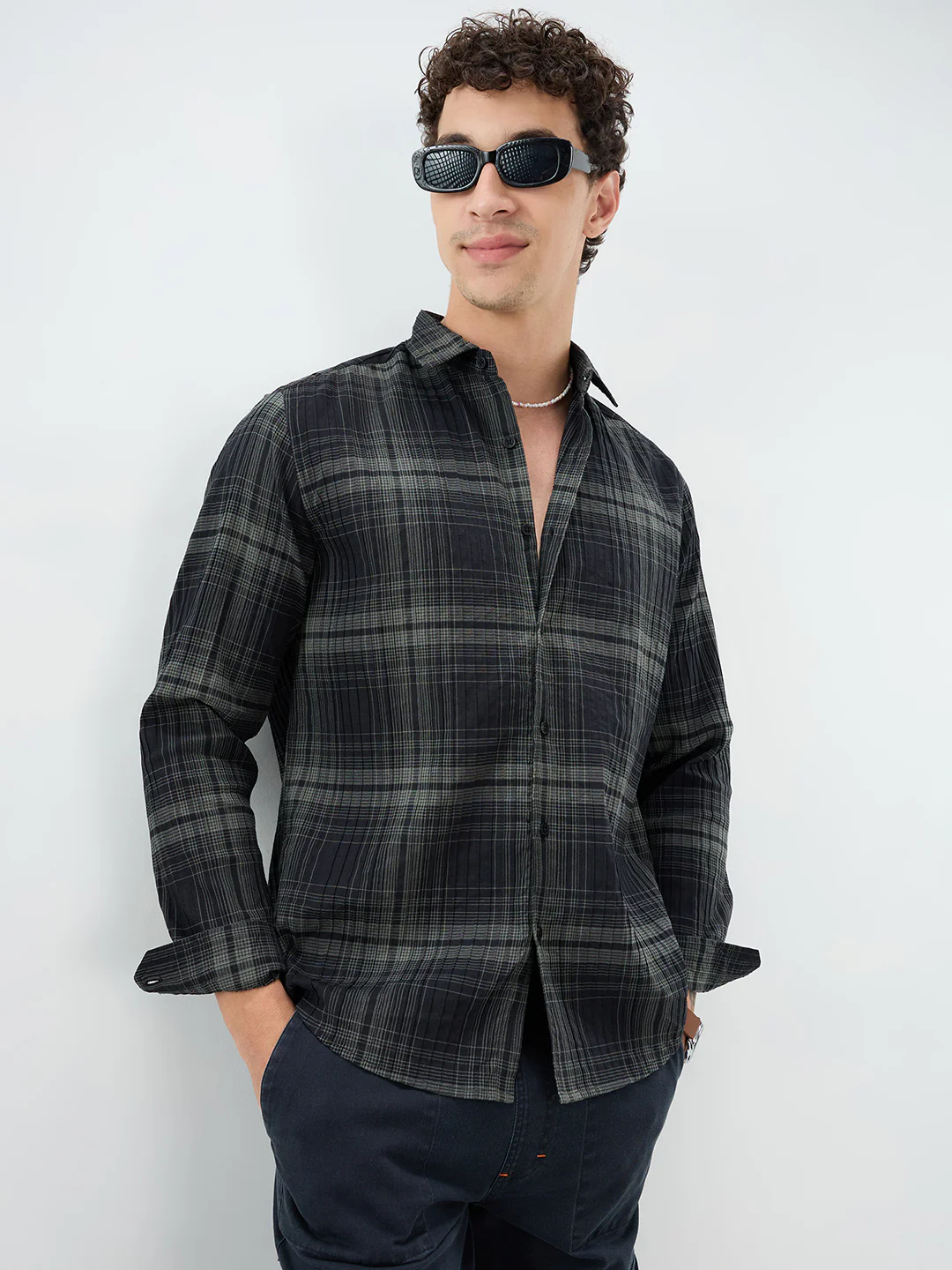 Black & Olive Plaid Checks Textured Shirt - Image 2