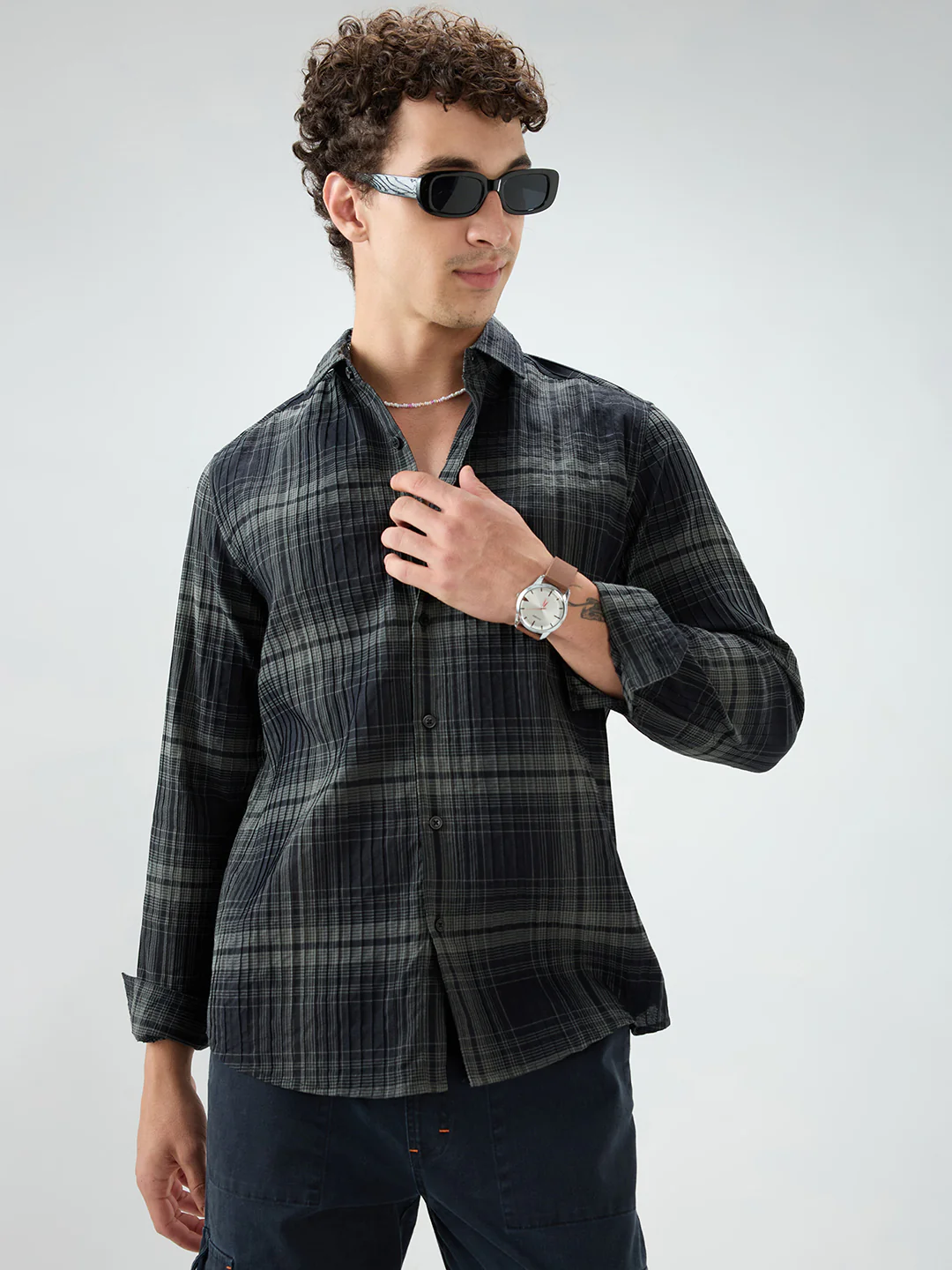 Black & Olive Plaid Checks Textured Shirt - Image 4
